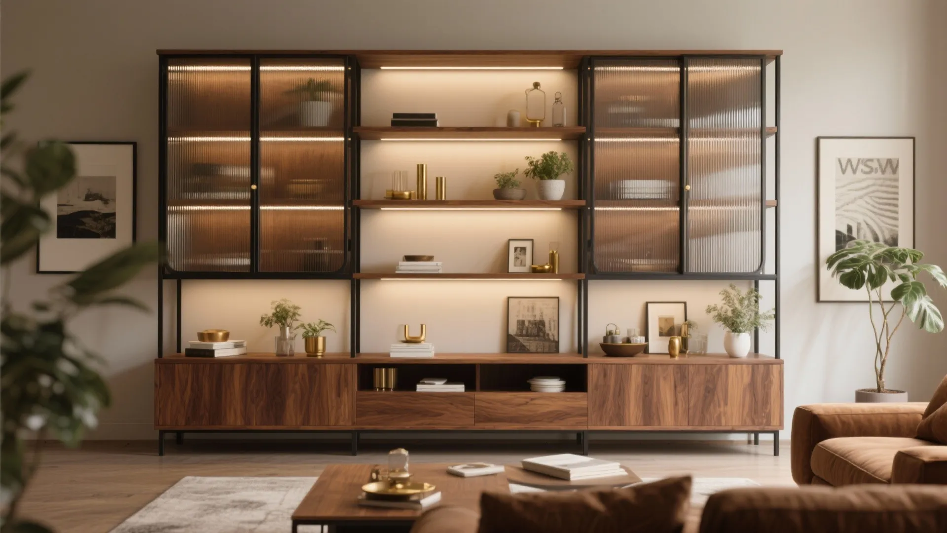 Mixed Materials, Glass Doors, and Warm Lighting