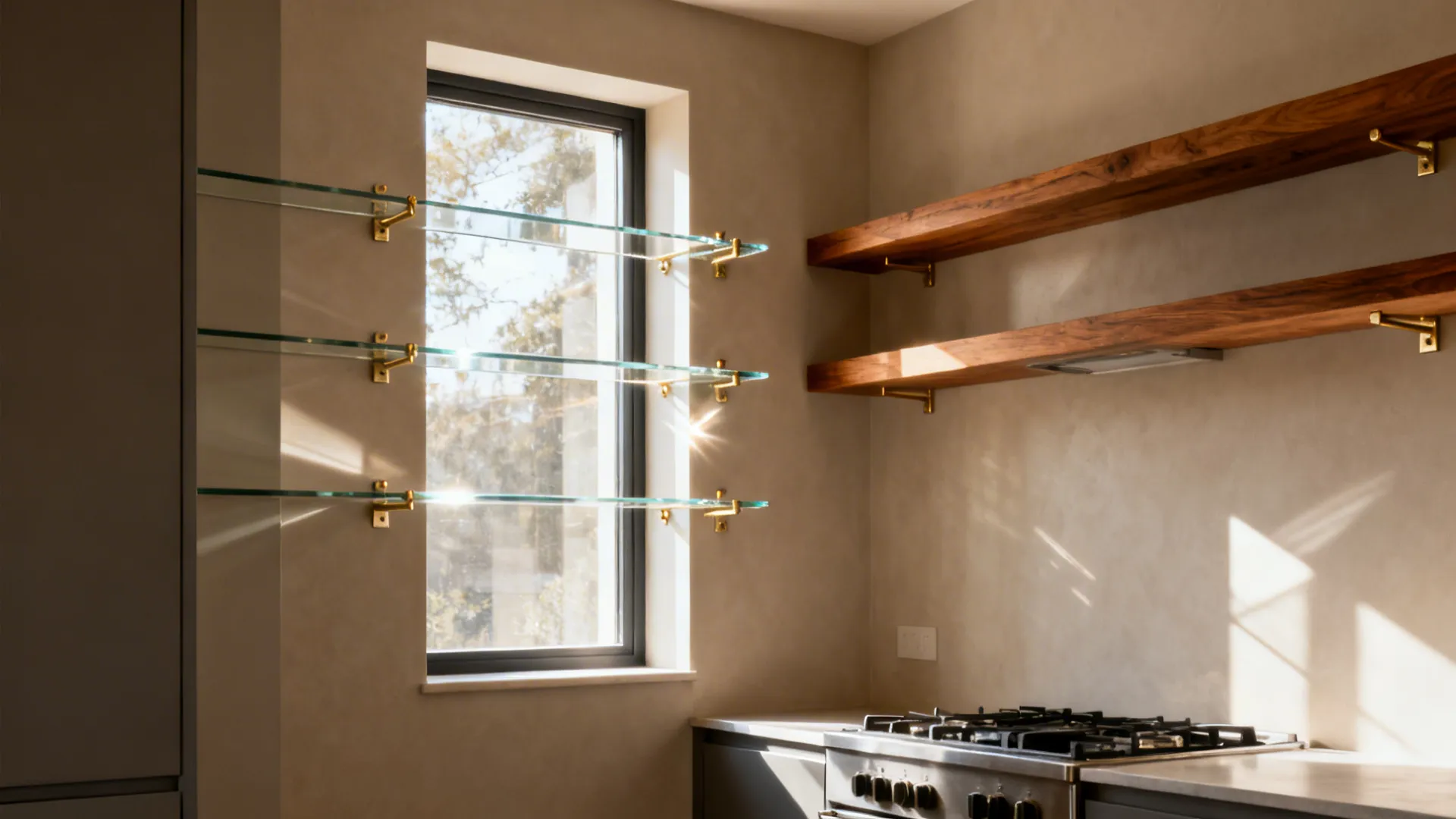 Mixed open shelves with low-iron glass by a window, oak near the cook zone, and subtle brass rails.