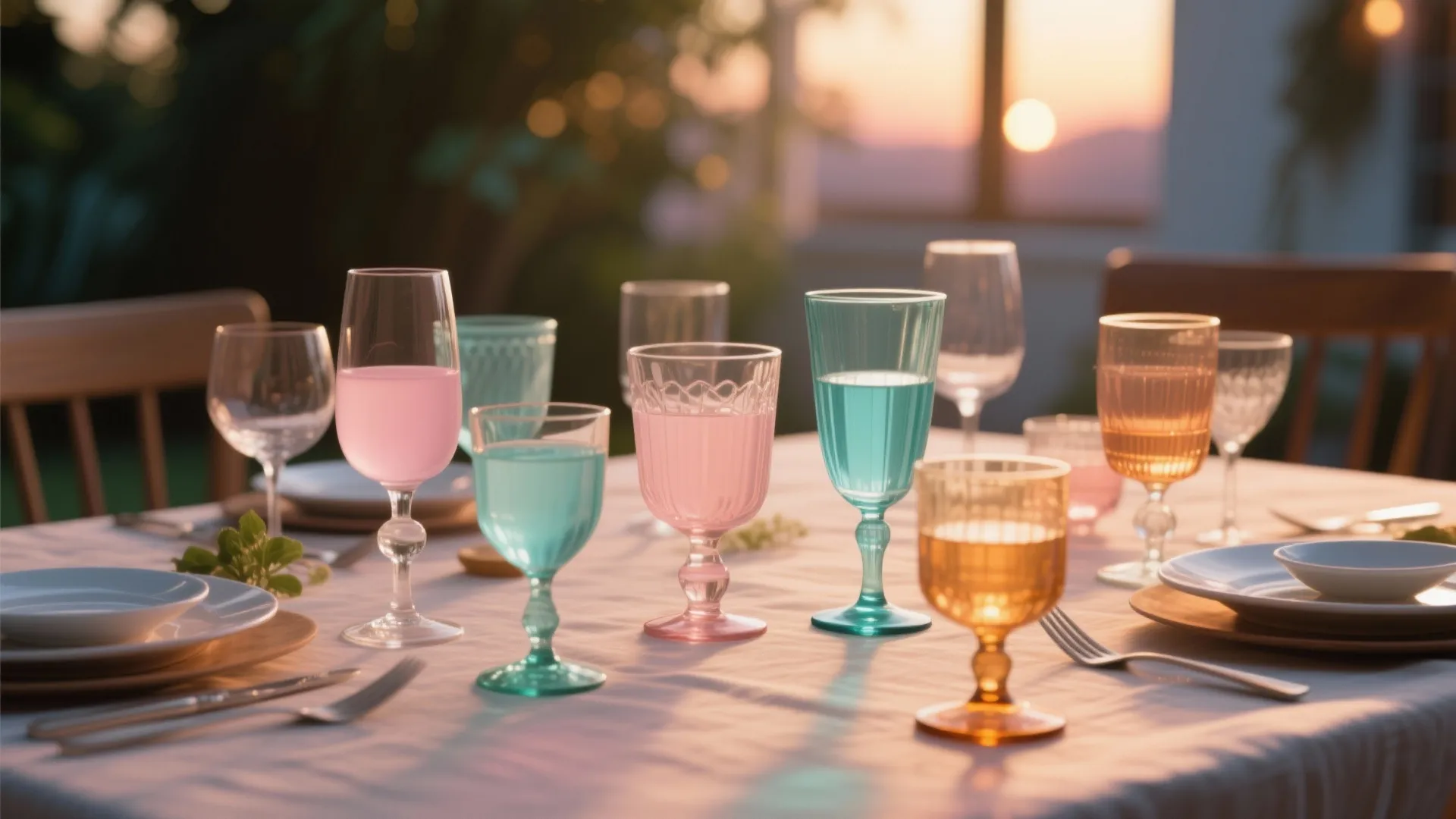 Colorful drinking glasses filled with water and juice on a dining table during sunset time