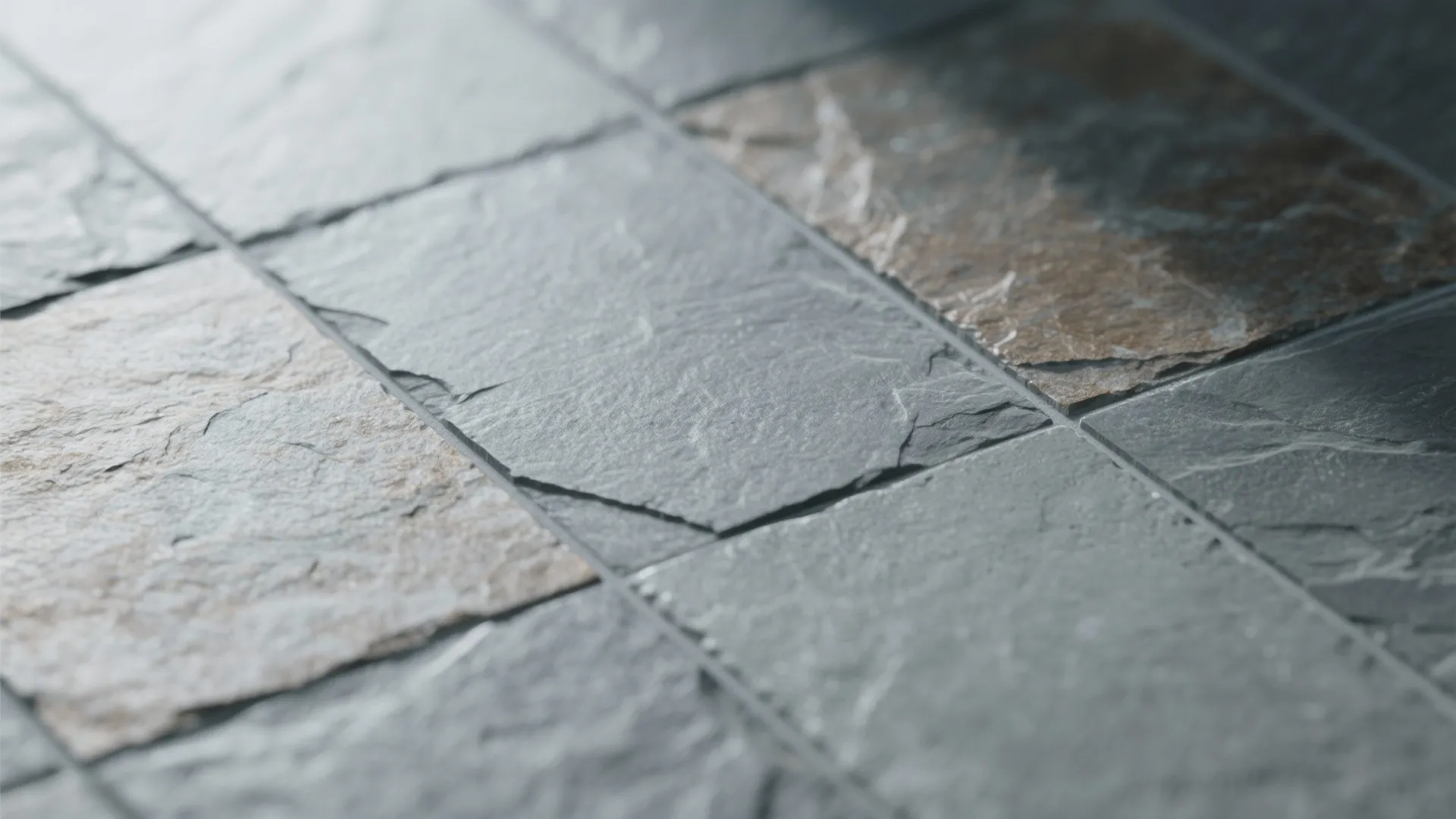 Close up view of textured grey and brown square floor tiles with rough stone surface