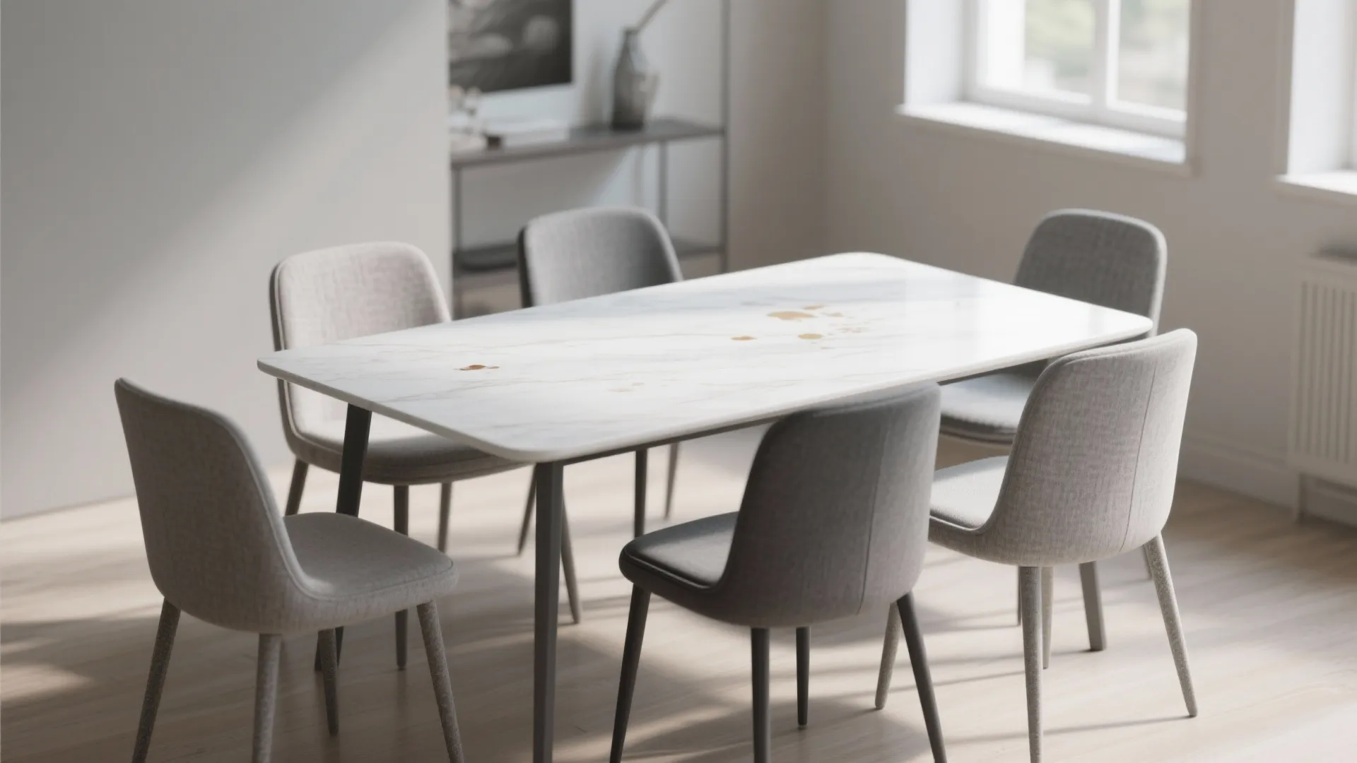 Dining room set featuring a white marble table surrounded by six grey fabric upholstered chairs