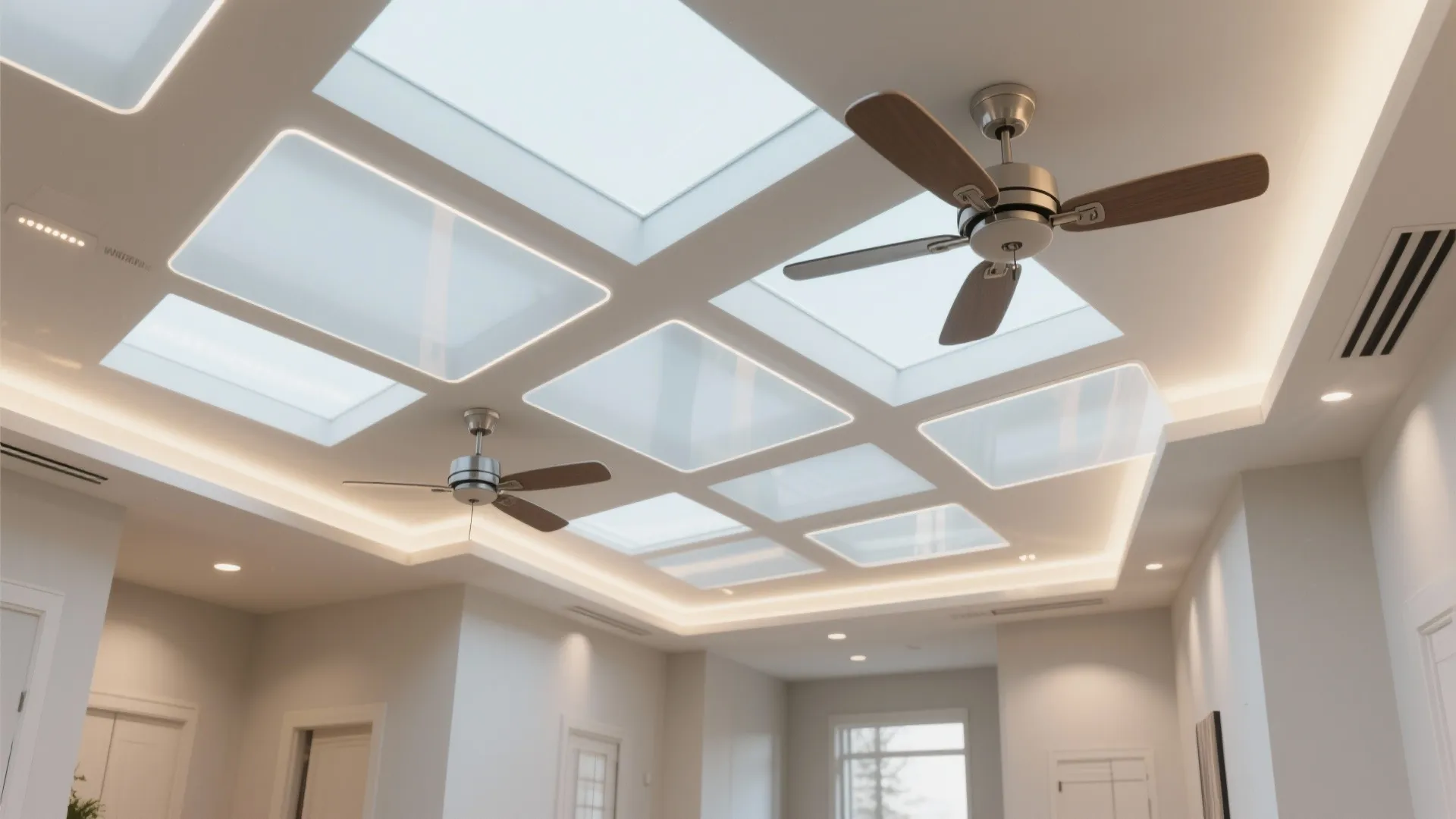Modern white ceiling design featuring square skylights recessed light fixture strips and two ceiling fans