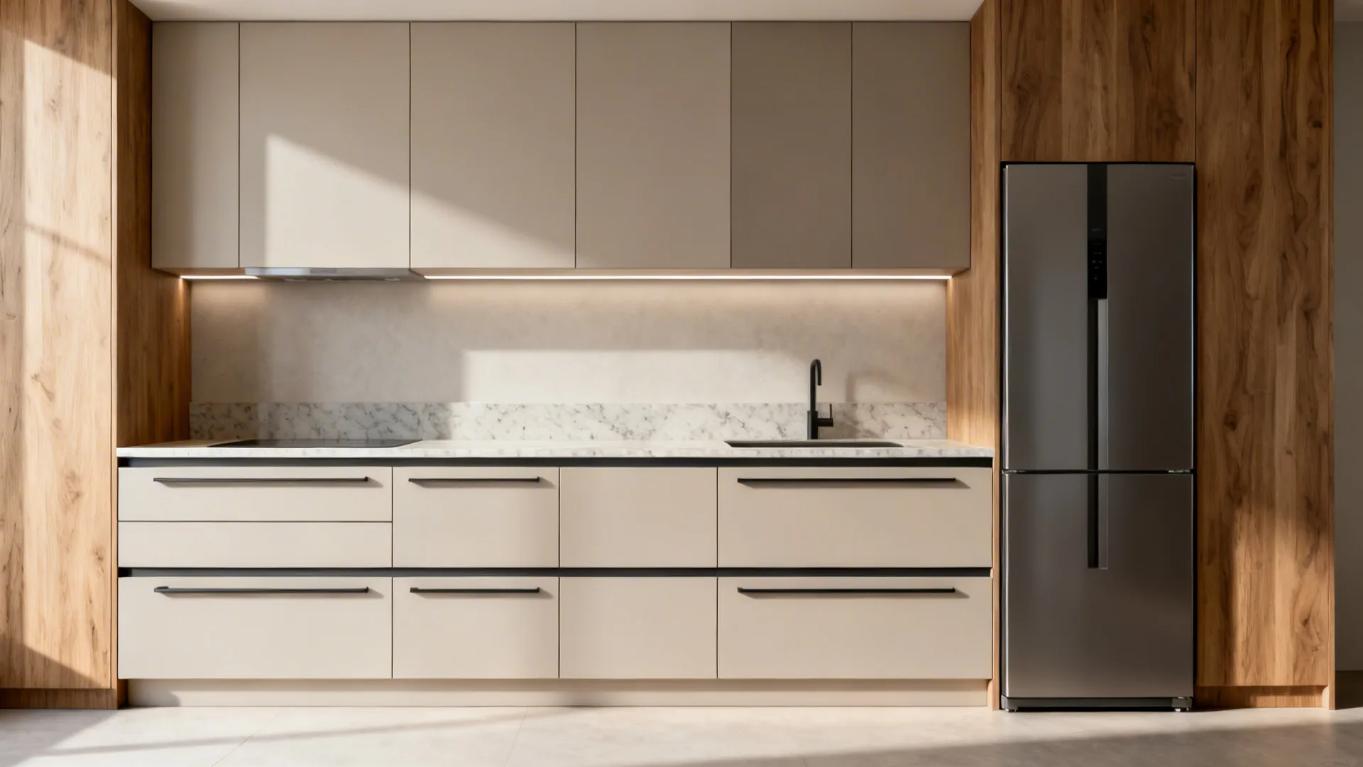Kitchen combining Gola base rails with push-to-open uppers aligned to a shared datum.