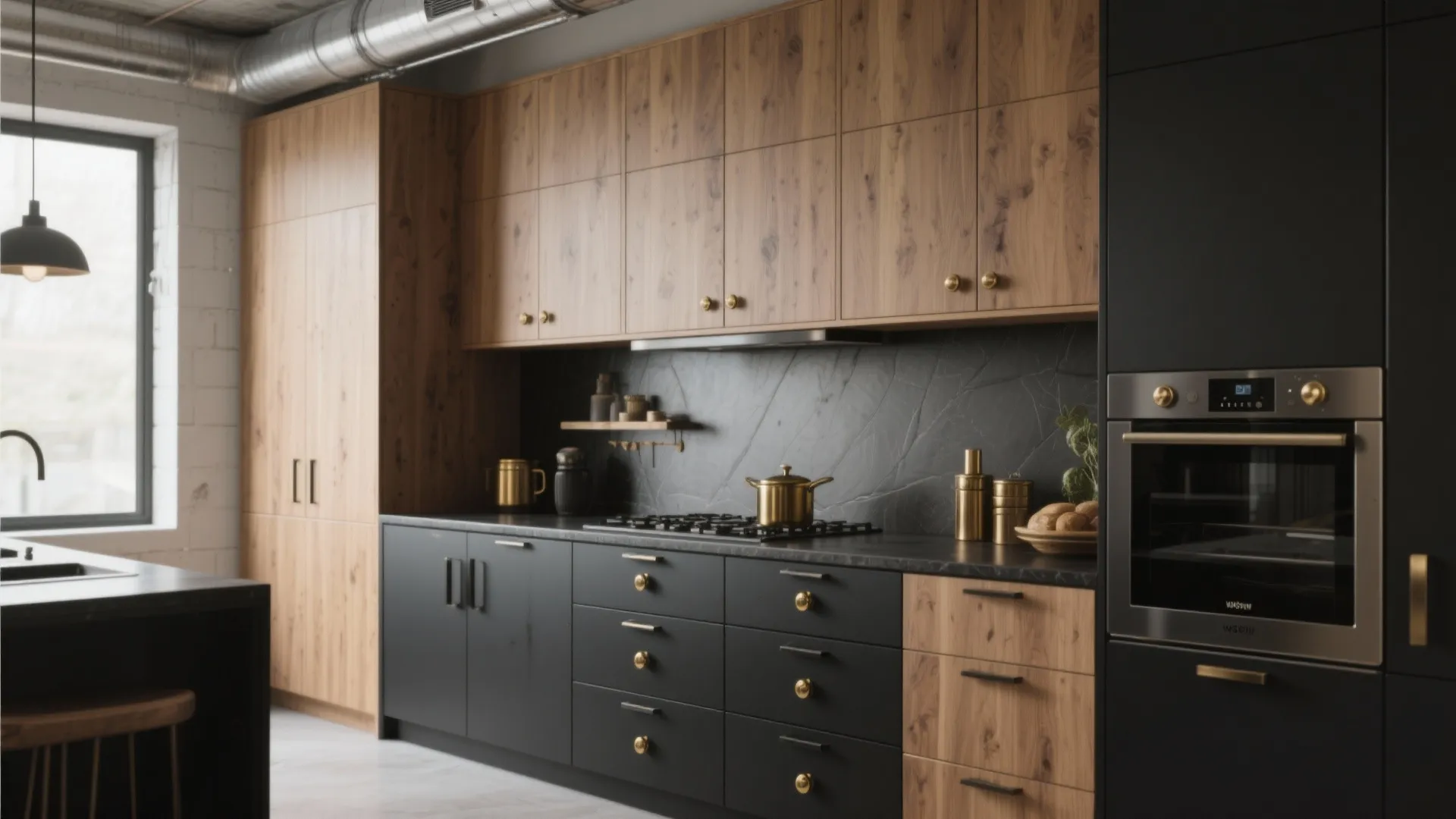 Modern kitchen with wood and black cabinets featuring gold knobs and black handles with oven