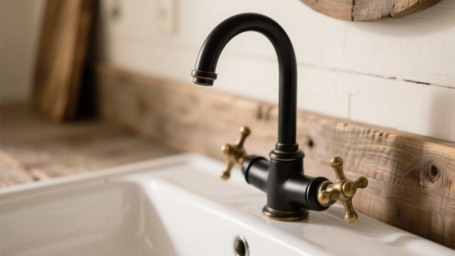 Matte black bathroom sink faucet with gold cross handles set against a rustic wooden wall