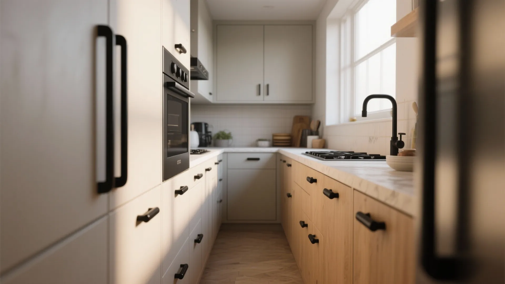 3. Mixed hardware: handles on drawers, knobs on doors