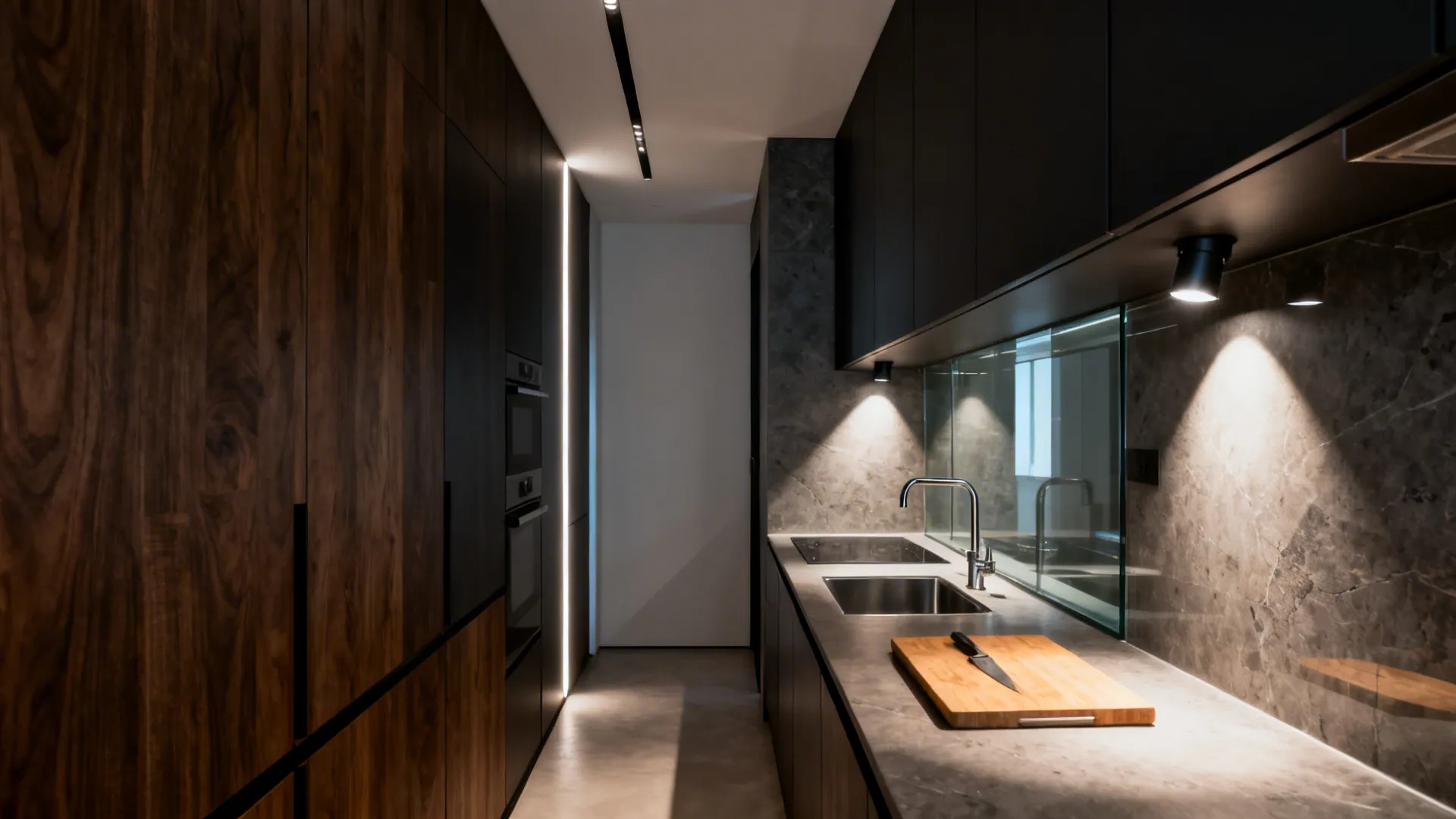 Mixed track heads combine wall-wash on dark cabinets with narrow spots on prep zones for layered depth.