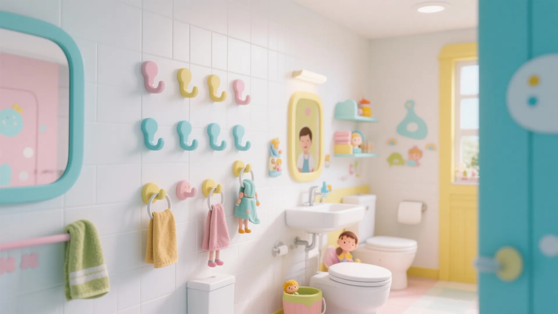 Colorful kid bathroom featuring wall hooks at different heights with towels and small white sink