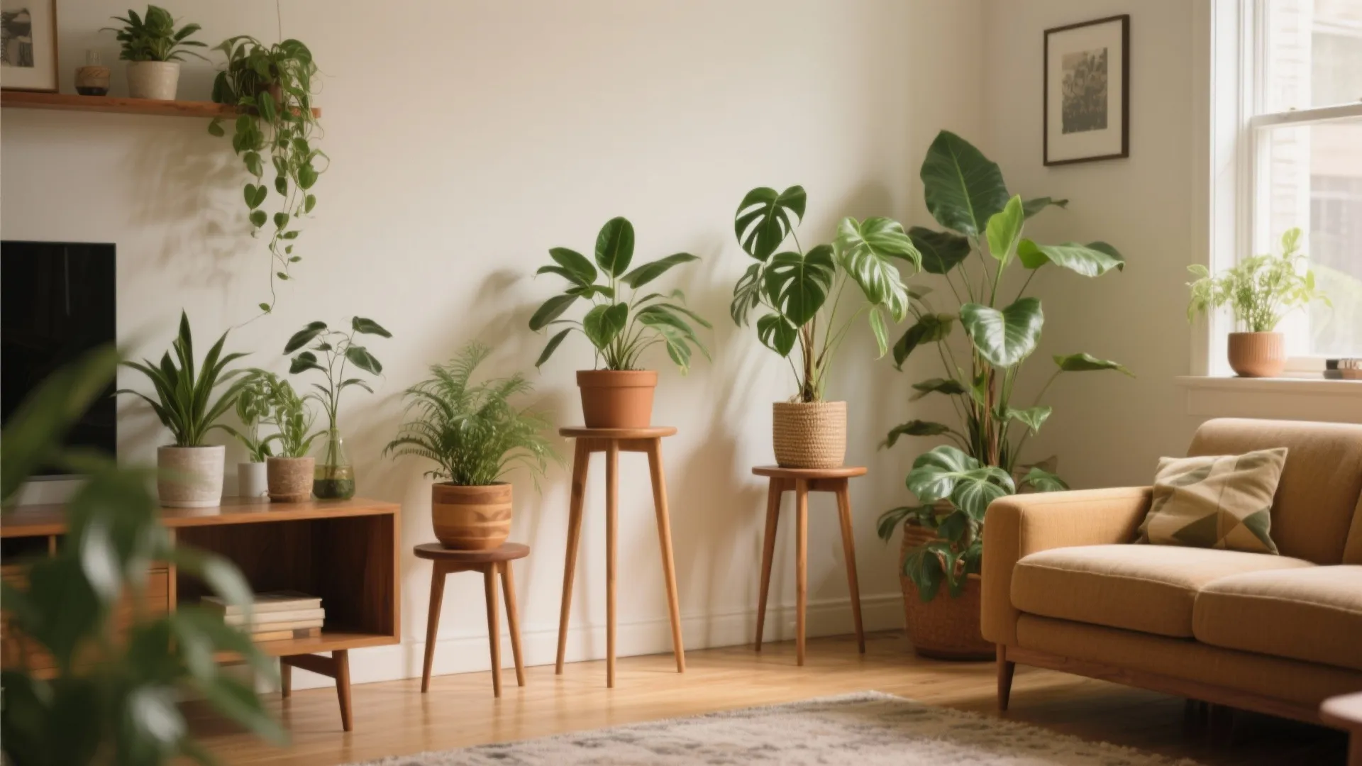 Living room with green indoor plants on wooden stands next to a yellow sofa chair