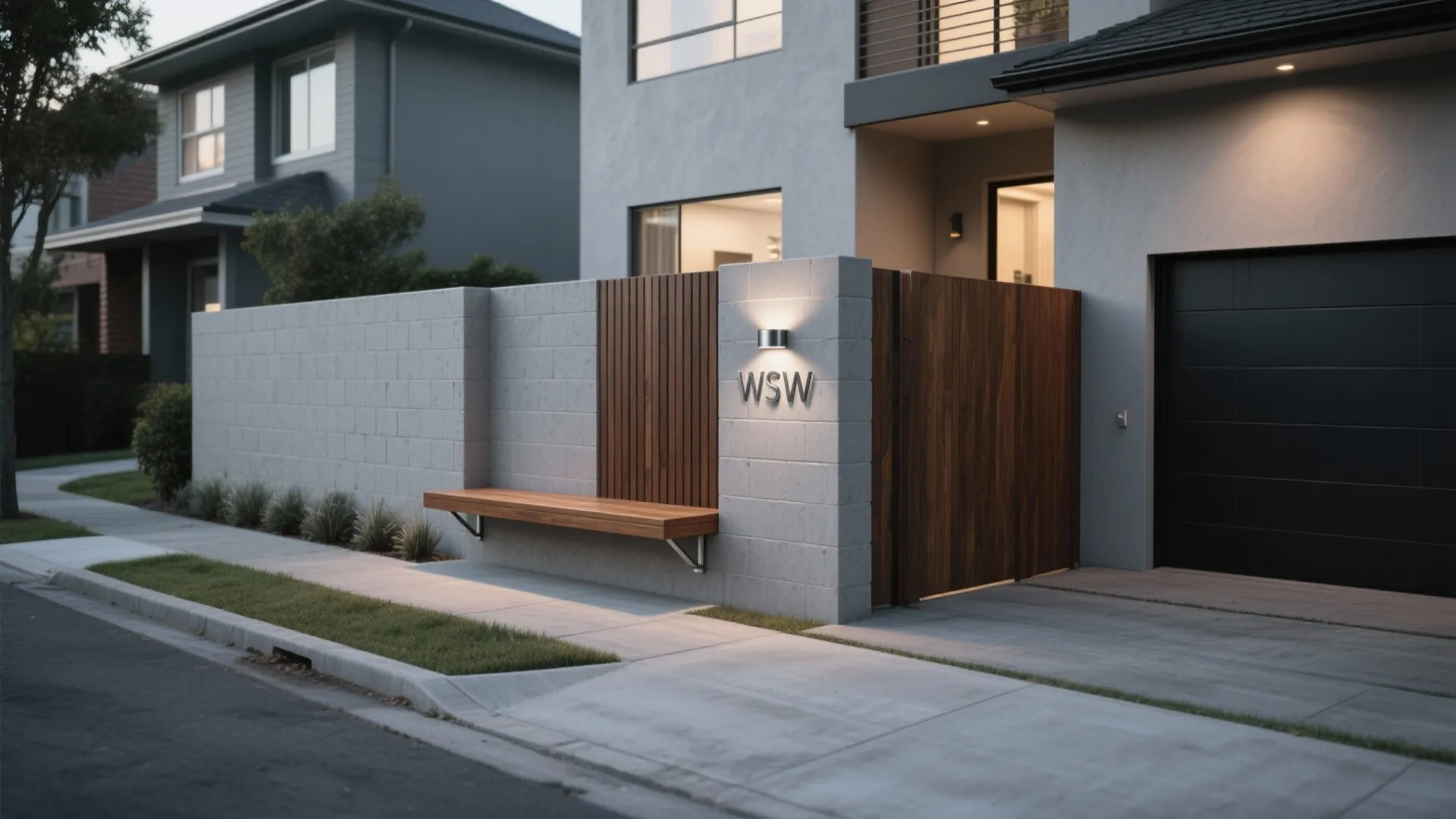 Mixed-Height Wall with Integrated Seating and House Number