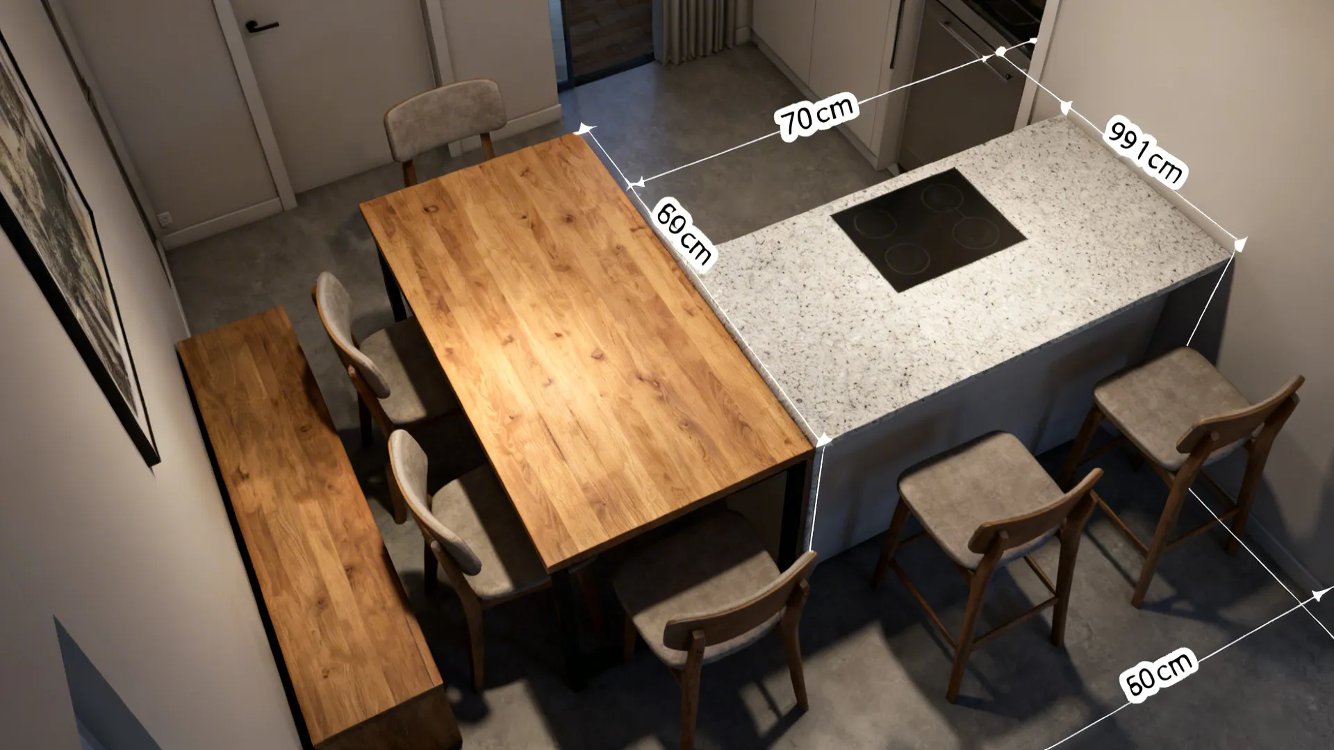 Top-down plan of dining-height counter with chairs and adjacent taller prep counter maintaining clear aisles