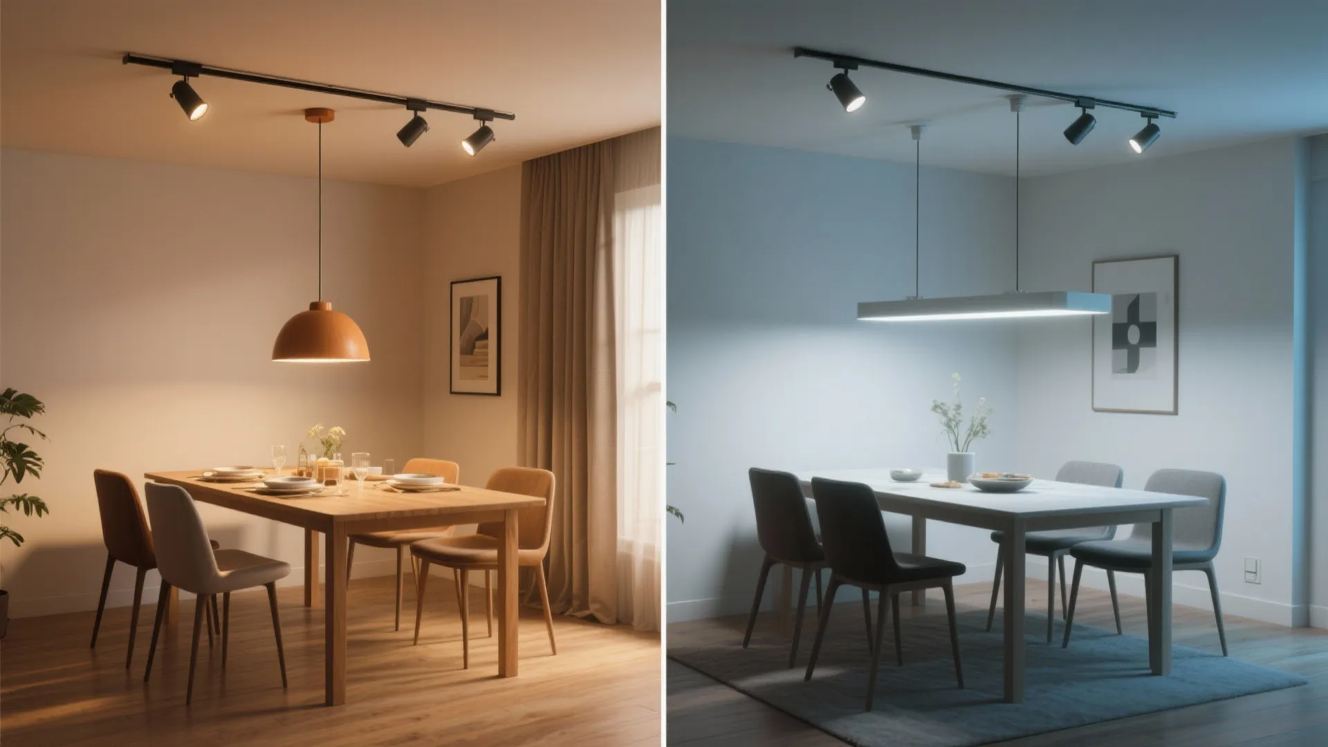 Dining room demonstrating mixed-height track lighting with a warm pendant and cooler spot heads for layered ambiance.
