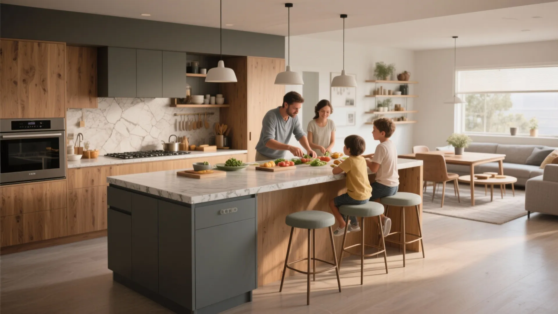 Family preparing vegetables on large kitchen island with marble top and modern wood kitchen cabinets