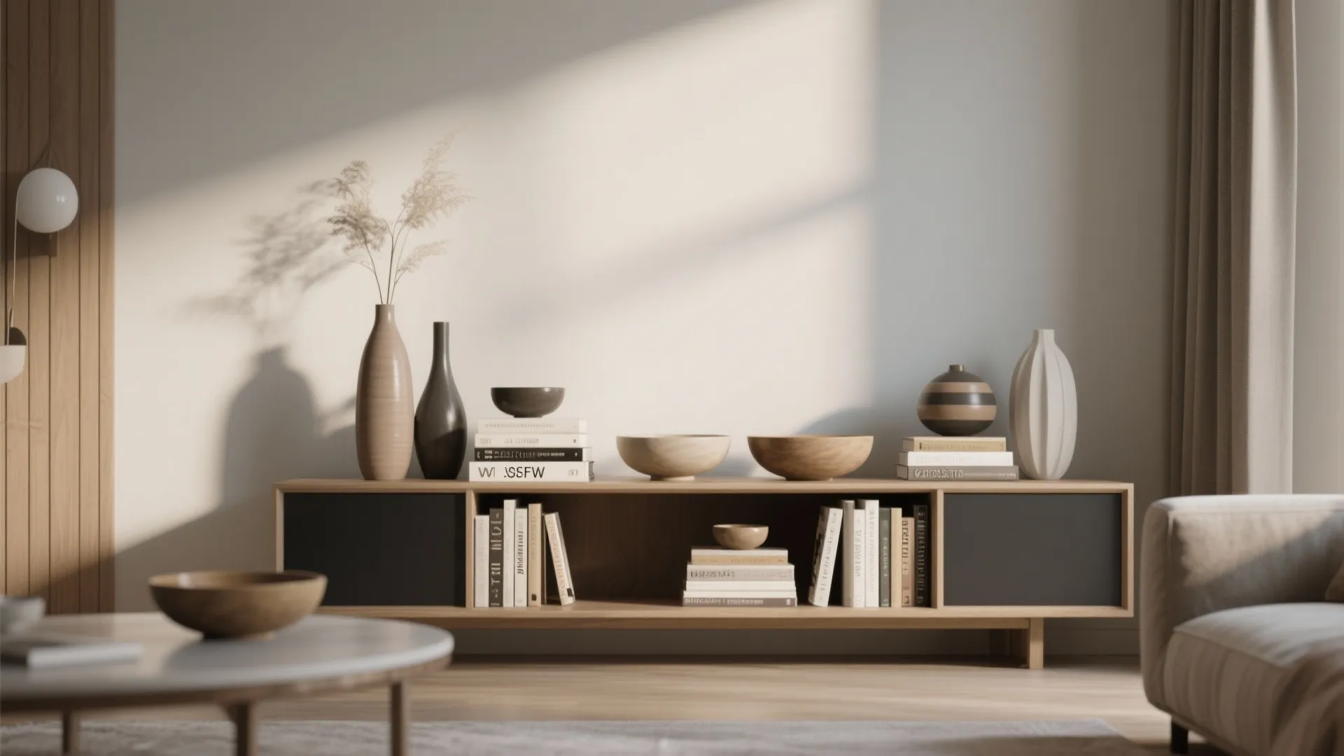 Console with decorative objects in mixed heights