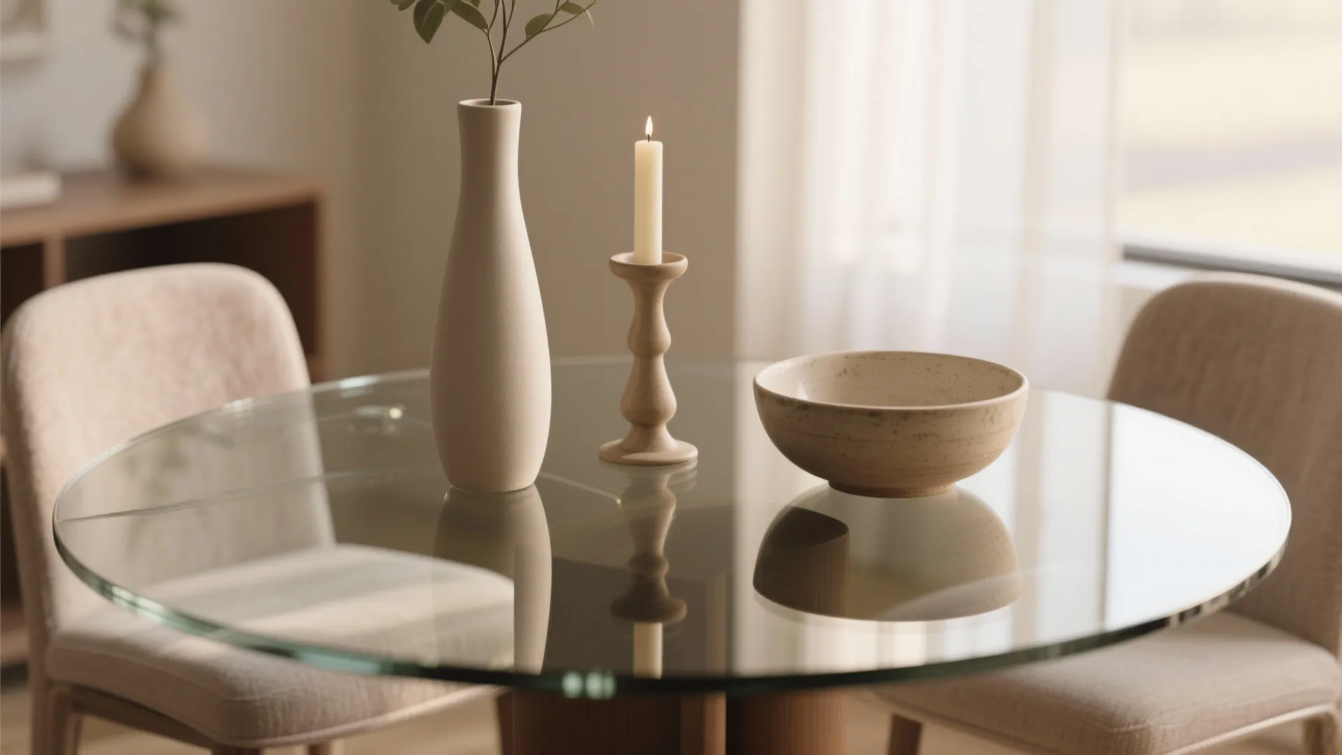Close up of glass dining table with ceramic vase burning candle and bowl in minimalist room