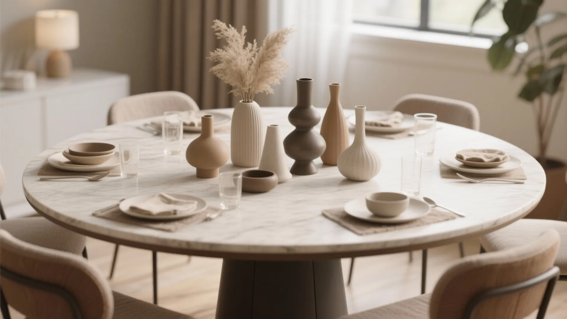 Round dining table with neatly arranged decor of varying heights