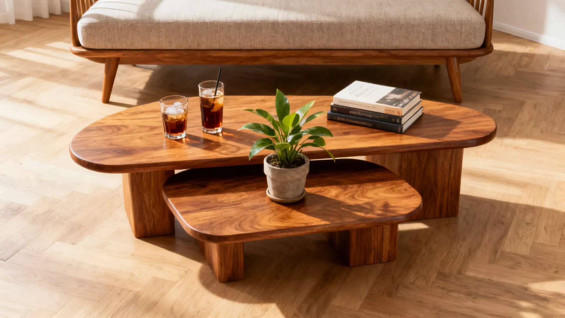 2. Mixed heights, same wood tone