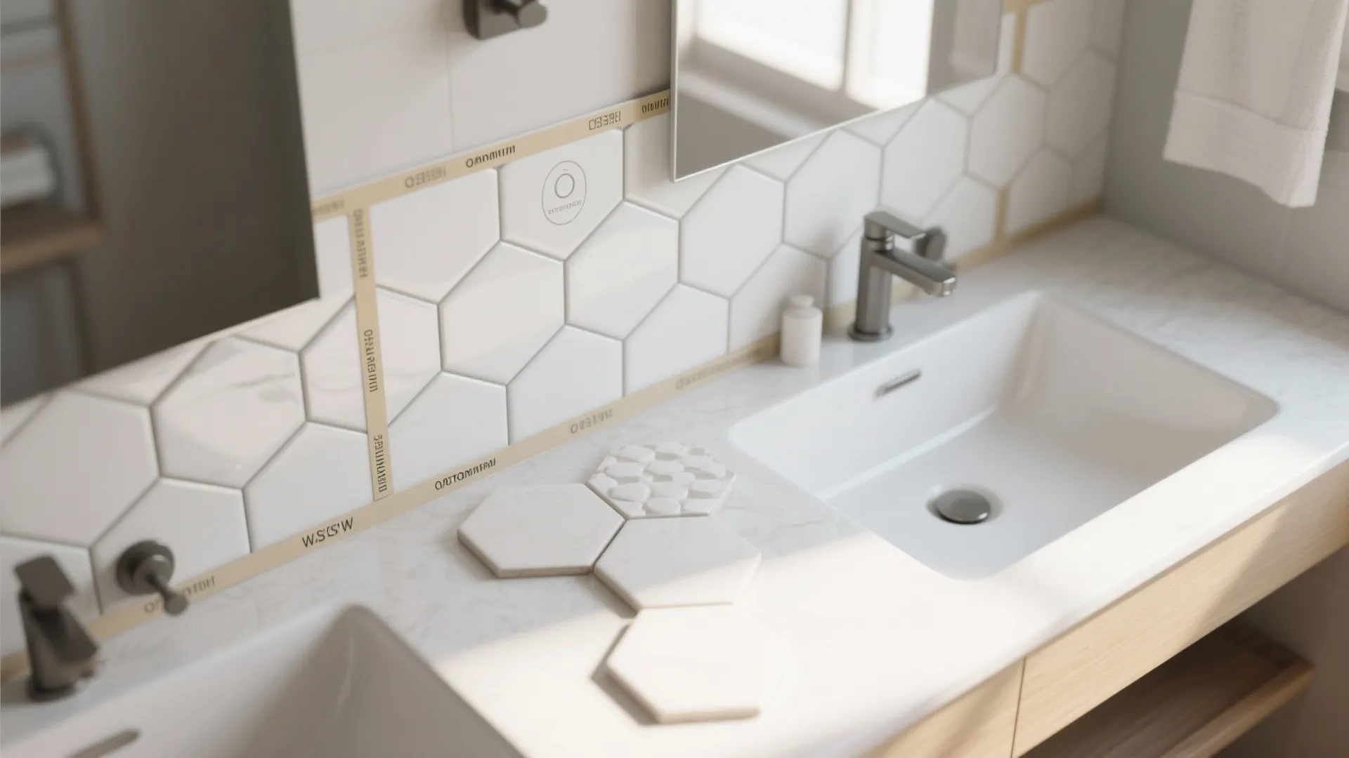 Close up of white hexagon wall tiles and matching loose tiles on marble bathroom counter