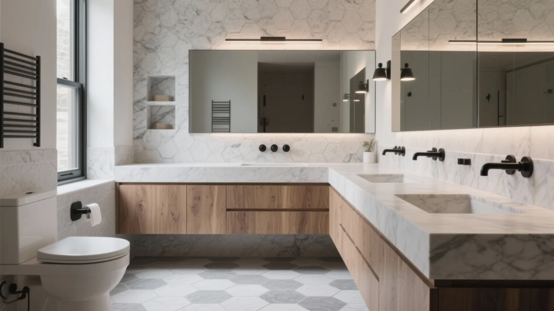 Contemporary bathroom with wooden cabinets, marble countertops, black faucets, hexagon floor tiles, and large mirror