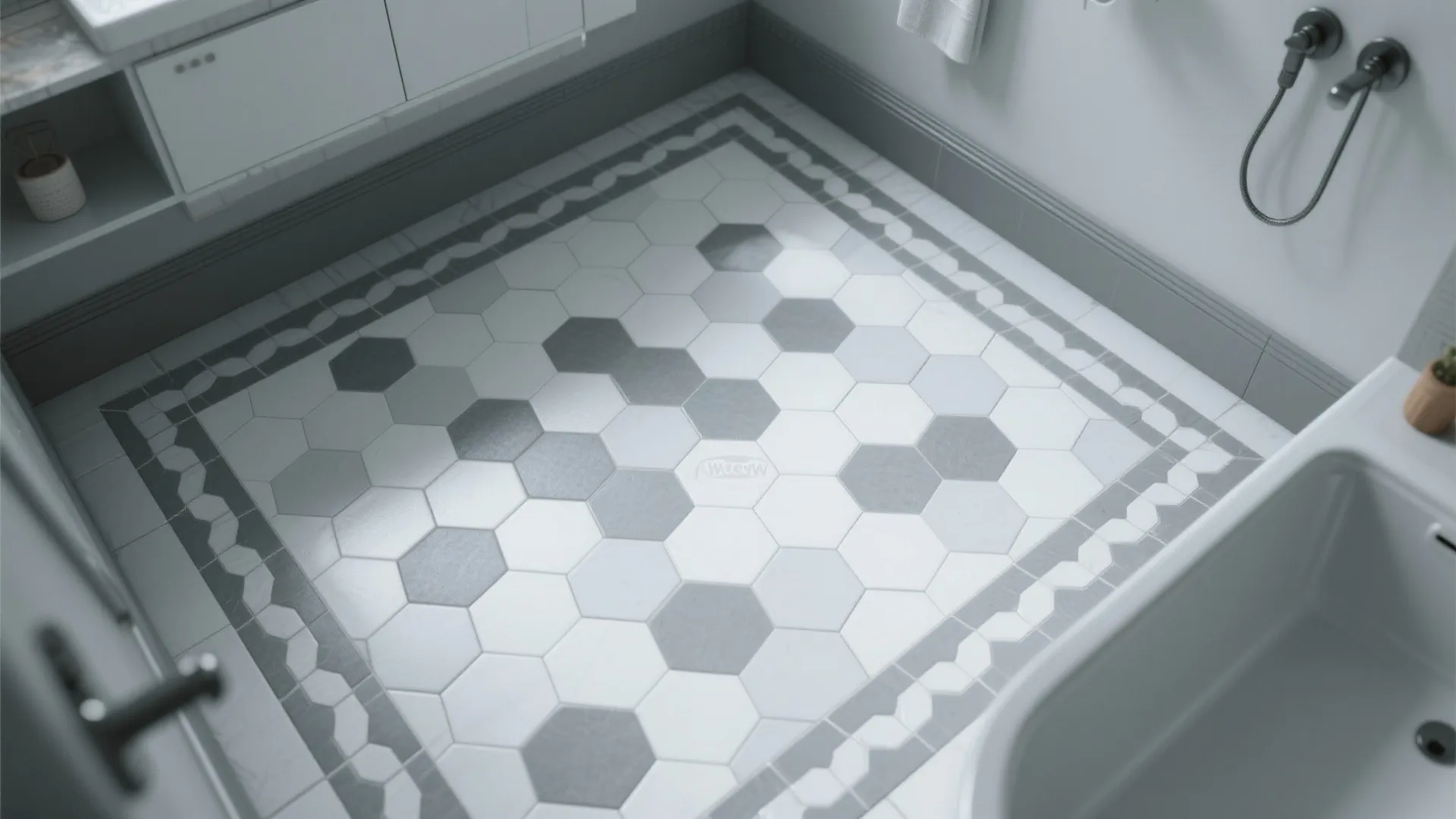Top view of bathroom floor showing white and grey hexagonal tile patterns with a border
