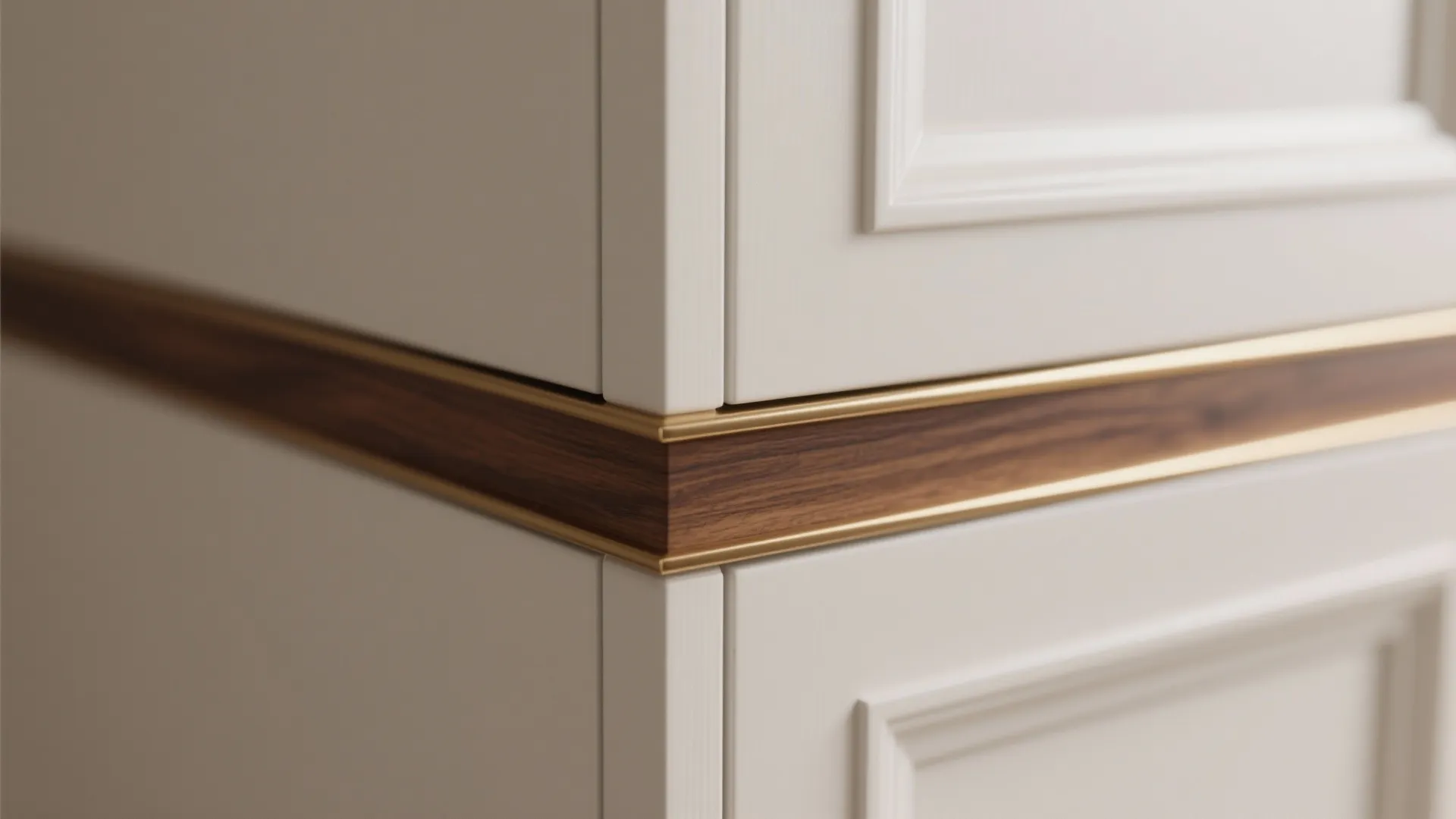 Close up of white cabinet corner with dark wood decorative stripe and gold metal trim