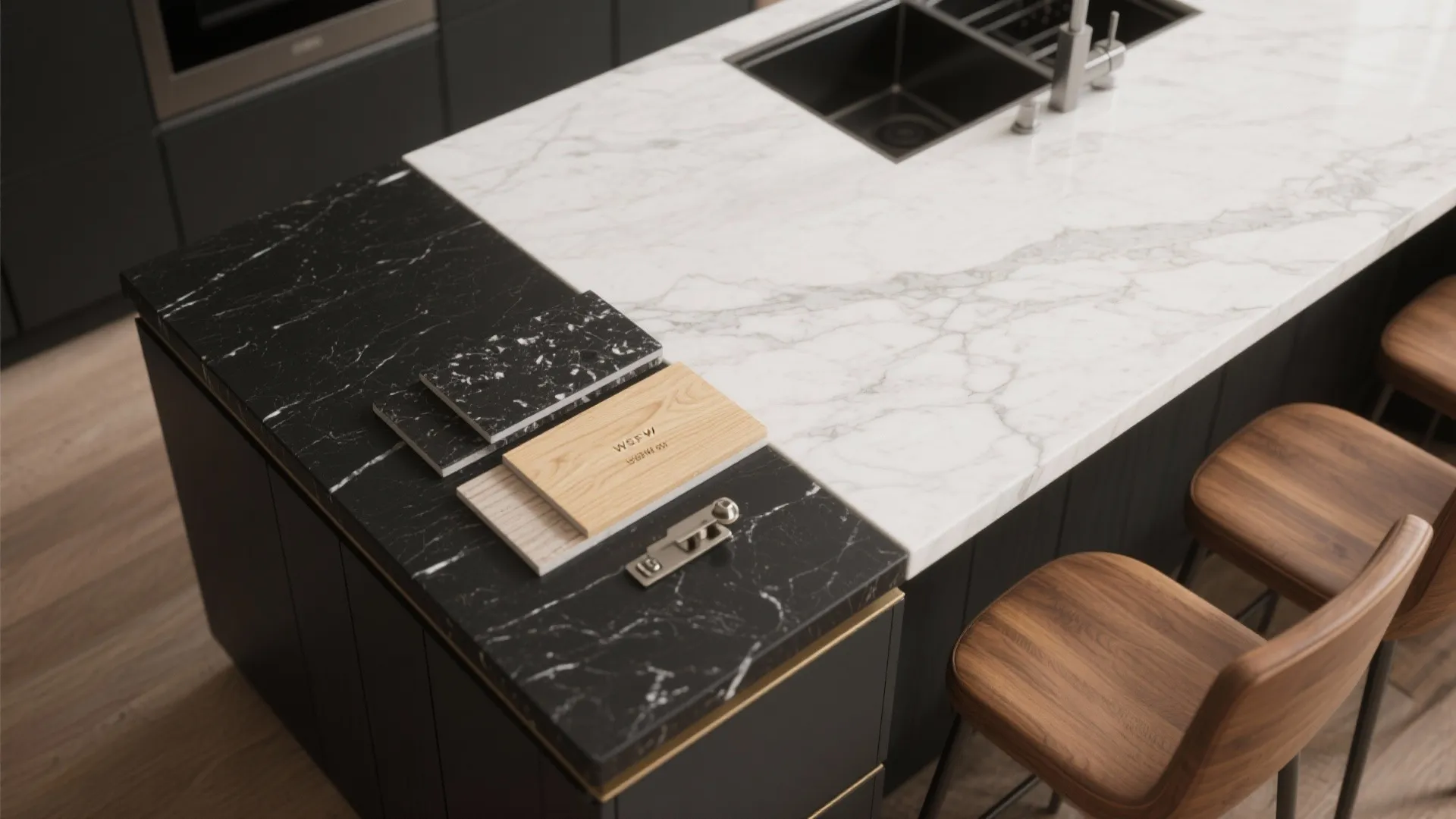 4. Mixed-material island: Black countertop with wood or marble accents