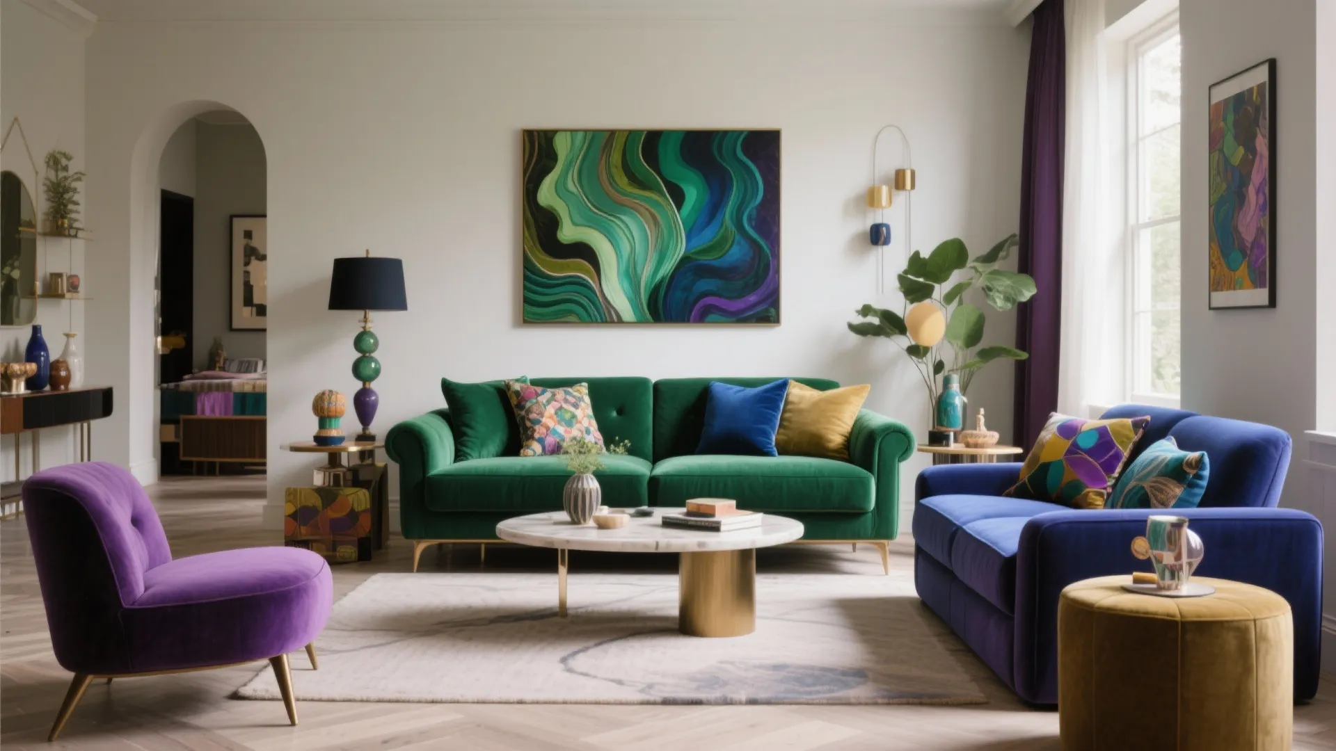 Living room with green and blue sofas plus purple chair and yellow footrest on white rug