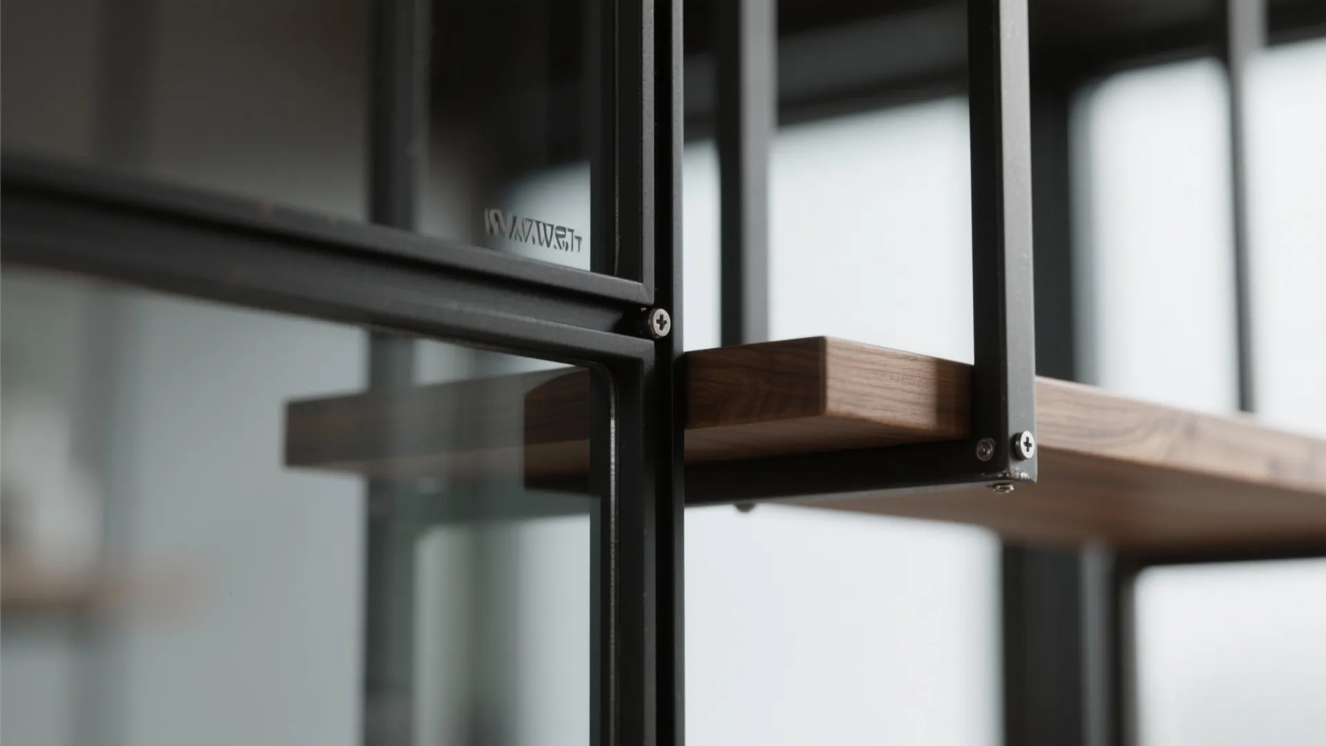 Macro of steel frame junction with smoked glass and oak shelf showing precise, satin-finished details.