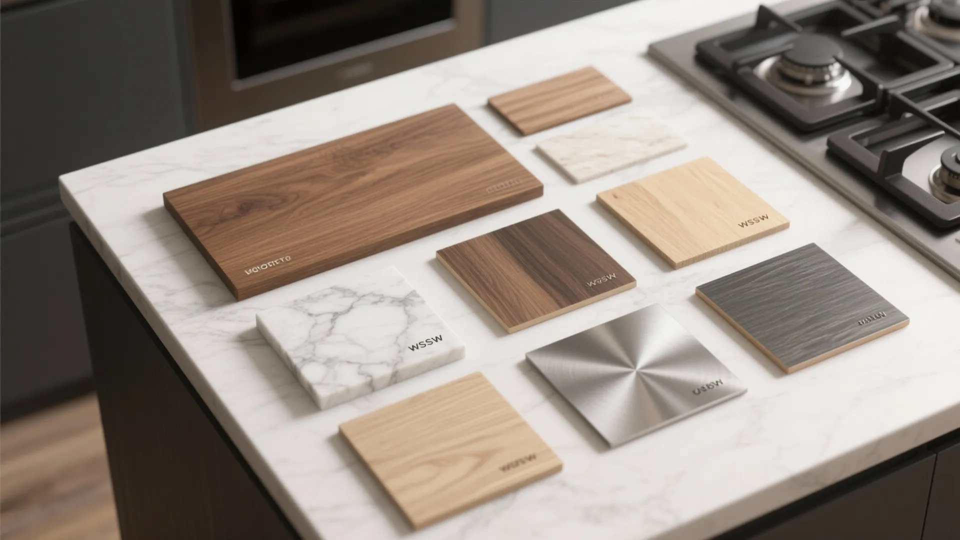 Kitchen material samples including wood, marble, and metal