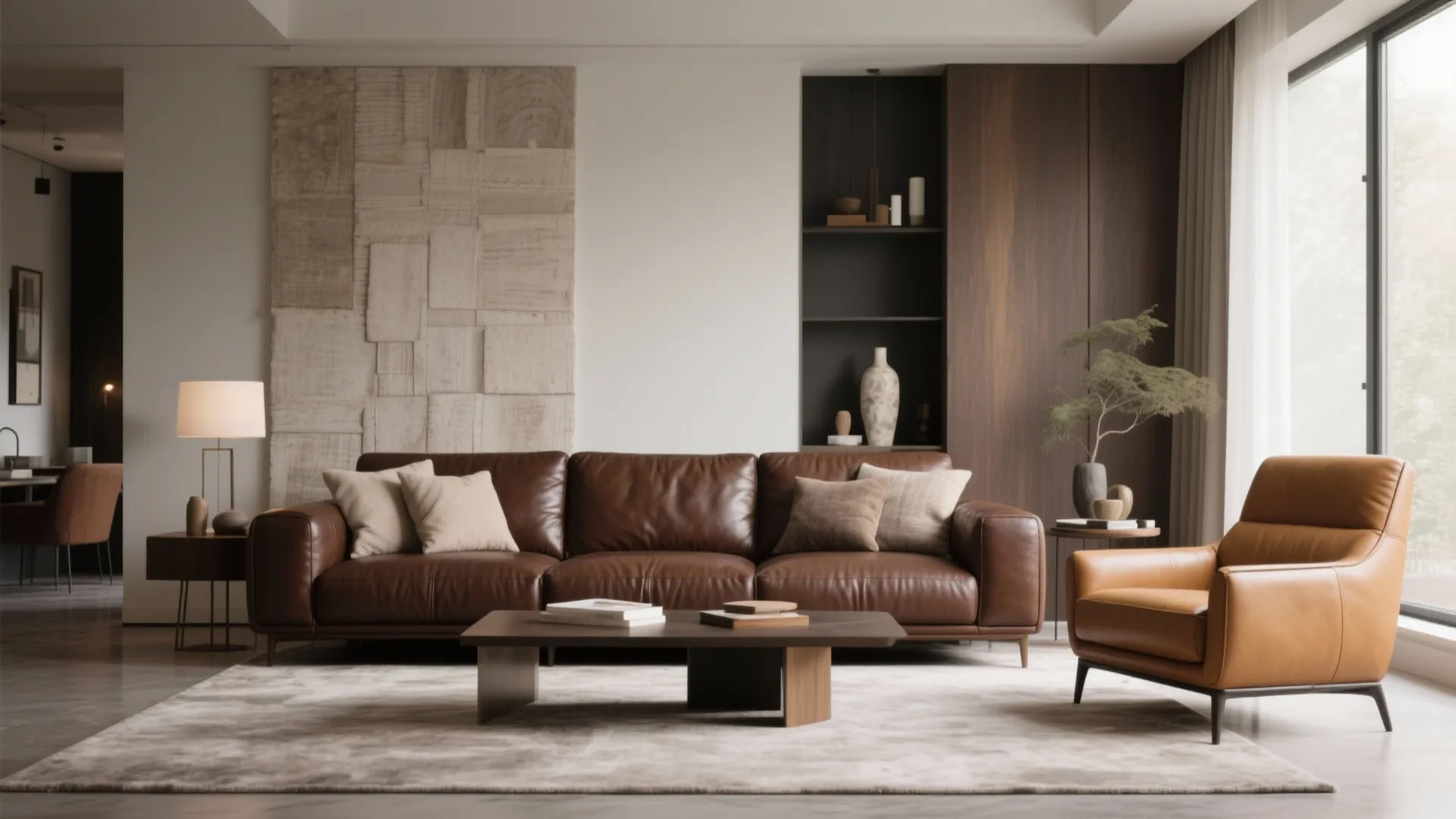 Brown leather sofa with tan leather armchair in neutral interior