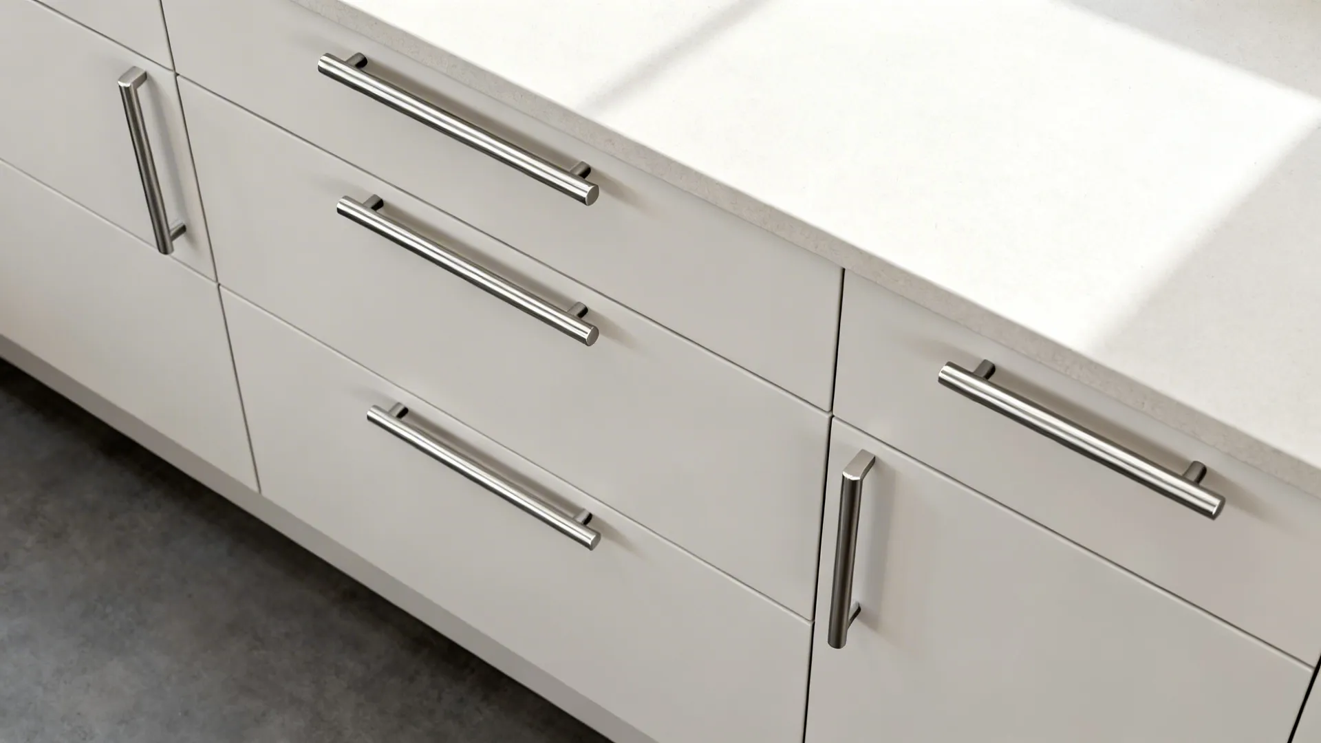 Top-down view showing long stainless pulls on drawers and shorter pulls on doors for balance.