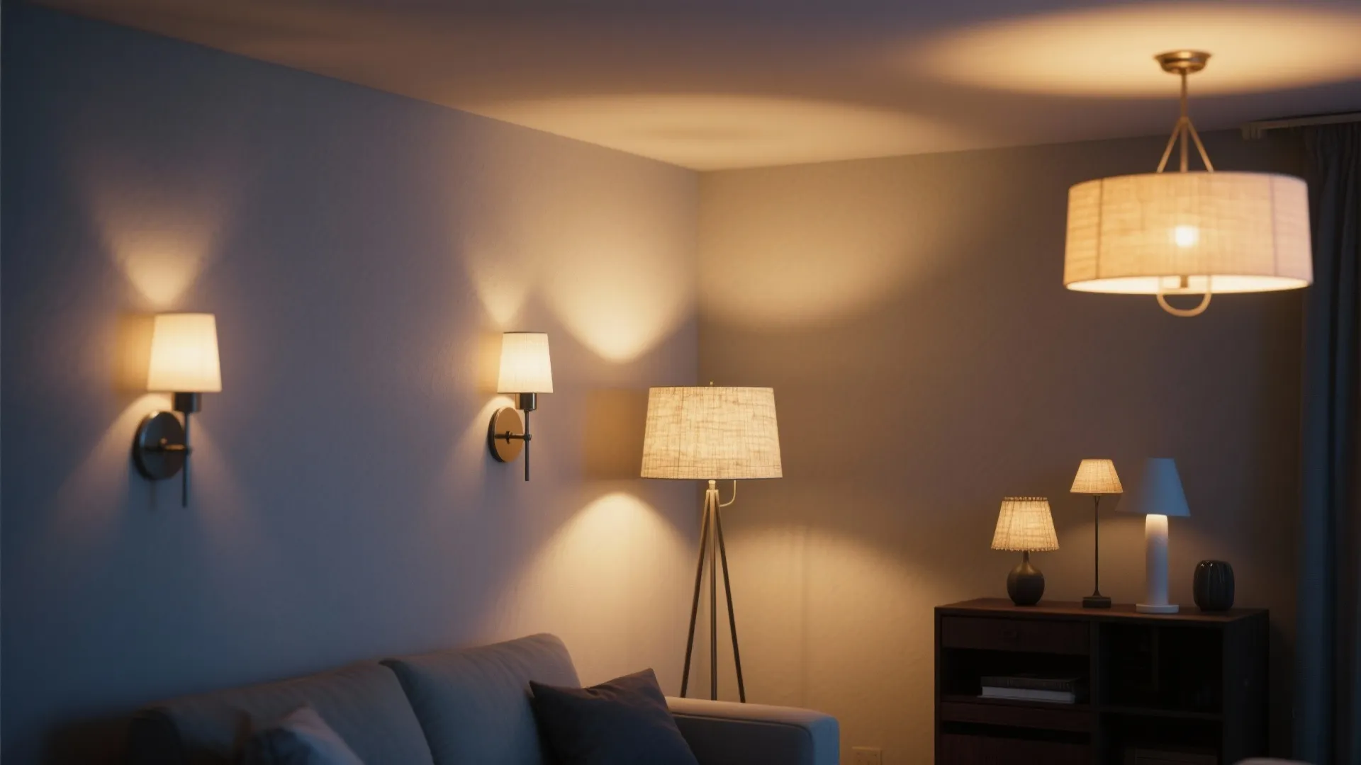 Warm living room with two wall lights a floor lamp ceiling light and small lamps