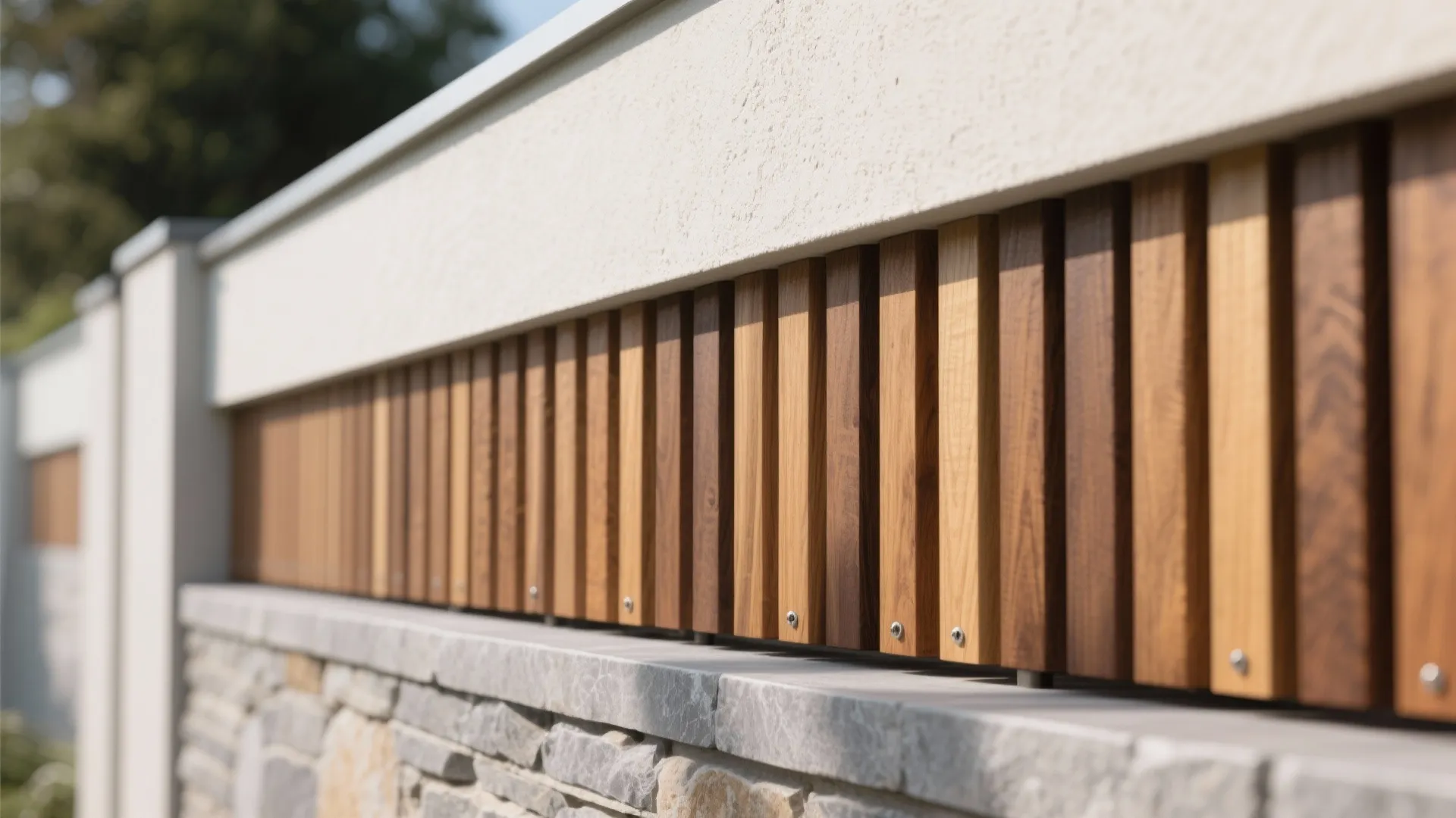 Mixed-Material Wall with Timber and Stone Accents