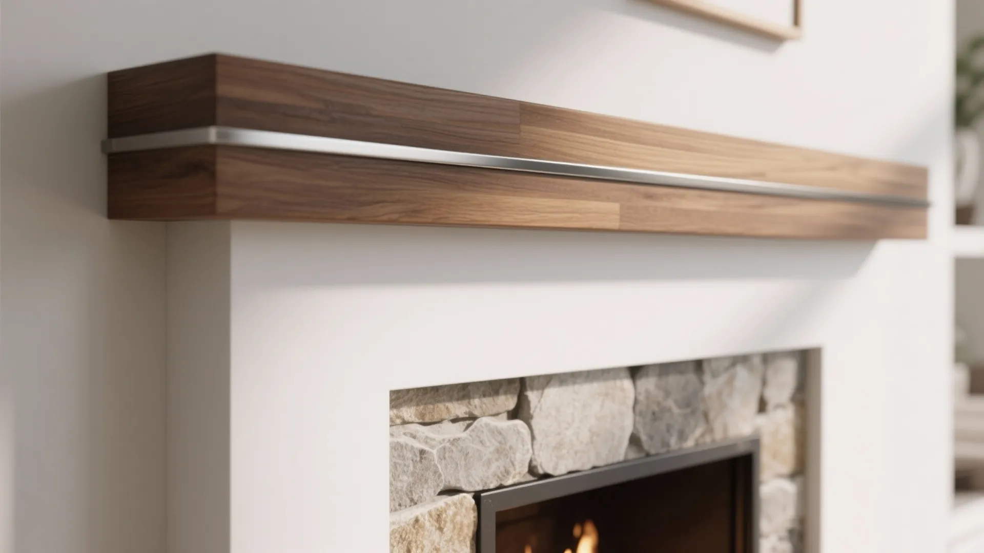 Mixed-material mantel combining warm wood, metal trim, and stone near a white fireplace.