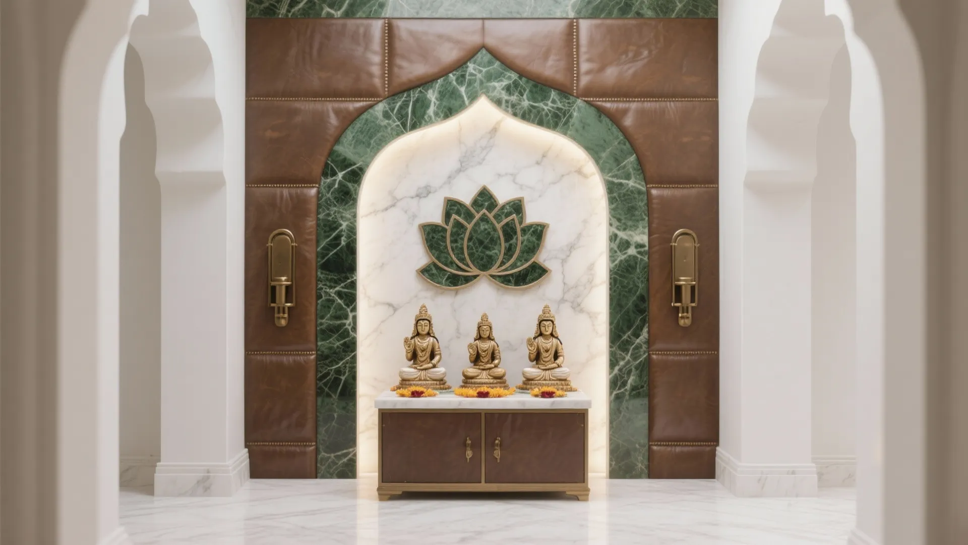 Elegant prayer area featuring green marble arch with lotus symbol and brown leather wall panels