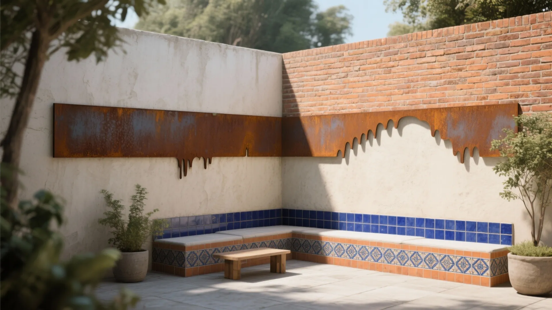 Mixed Materials: Brick, Corten, and Handmade Tile Accents