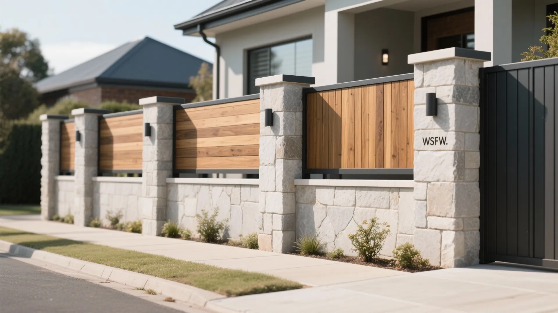 Mixed-Material Boundary Wall: Stone, Wood, and Metal Accents