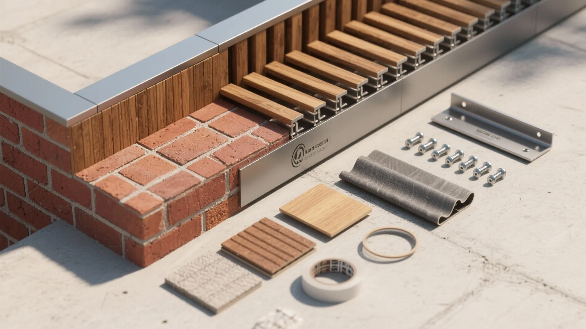 Mixed-material parapet: brick base with timber accents