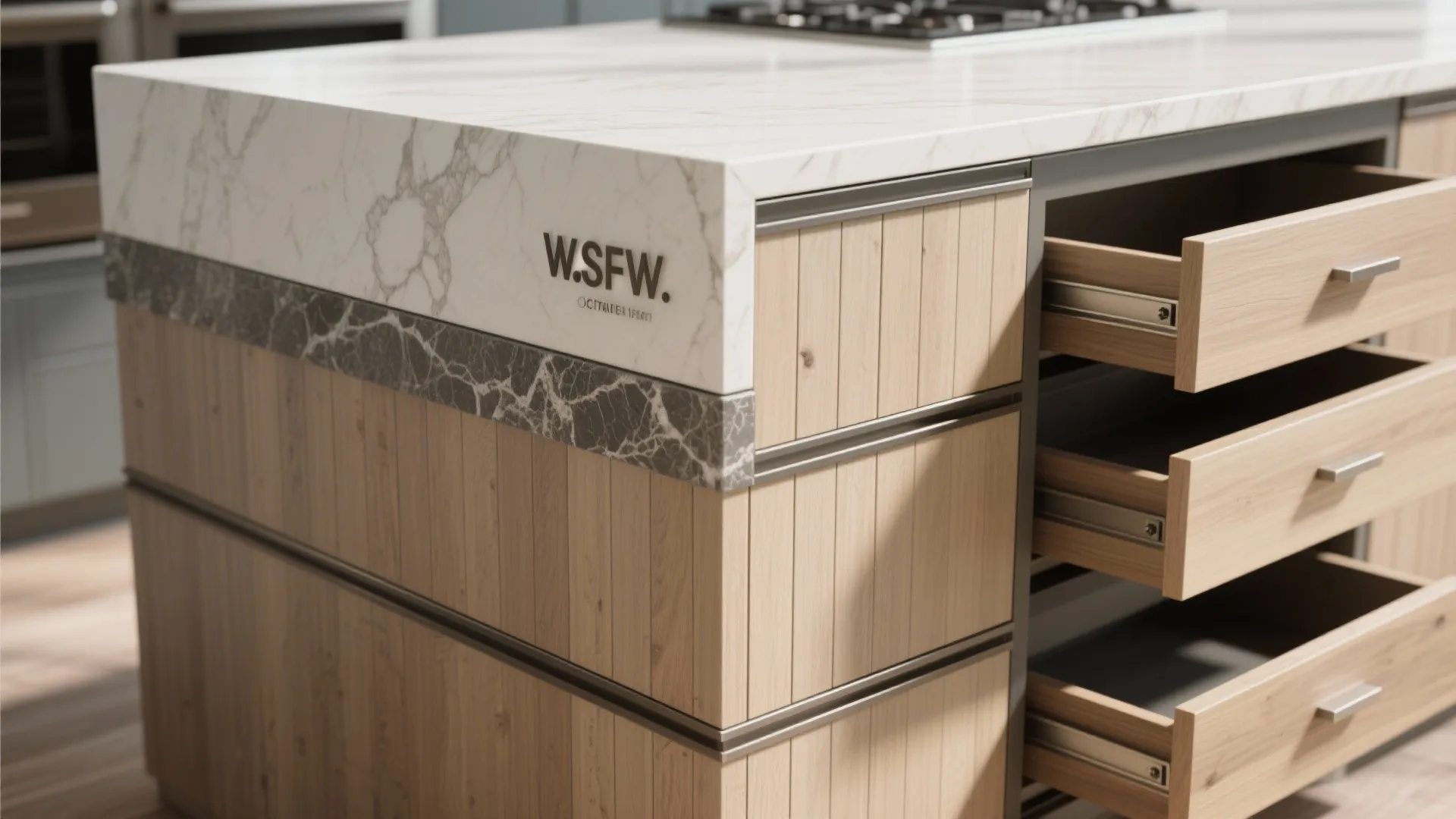 4. Mixed-material shiplap island with hidden storage