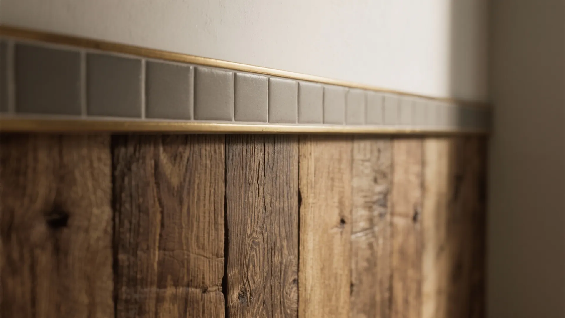 Close-up of reclaimed wood panels meeting matte tile with a slim metal trim on a half wall.