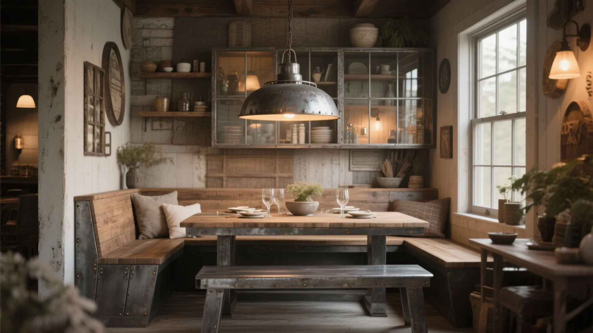 Rustic dining area with wooden bench seating a metal table and a large ceiling light