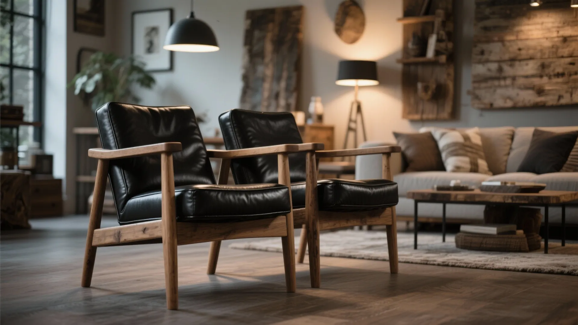 Two black leather chairs with wooden frames in a cozy living room with soft lighting