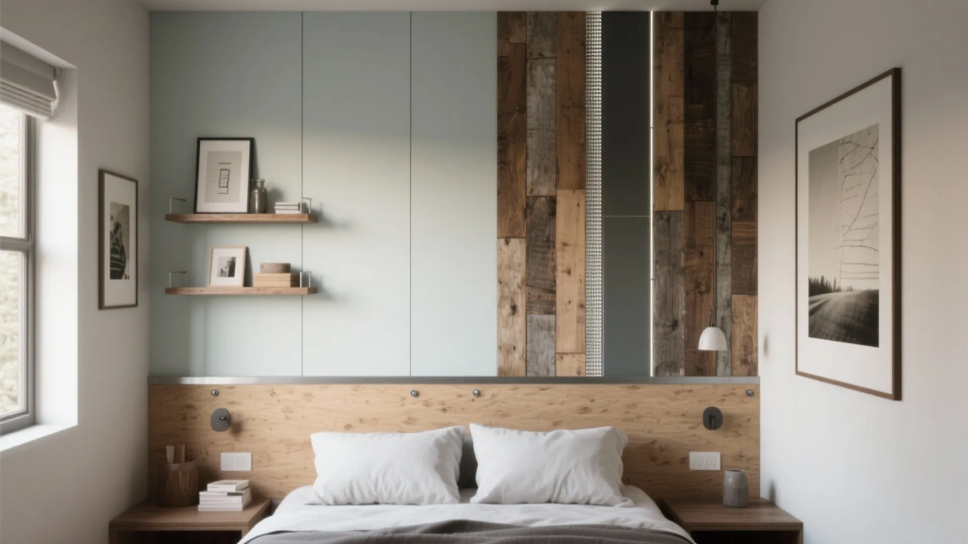 Accent wall mixing reclaimed wood, plywood strip, metal inlay and painted panels in a small bedroom