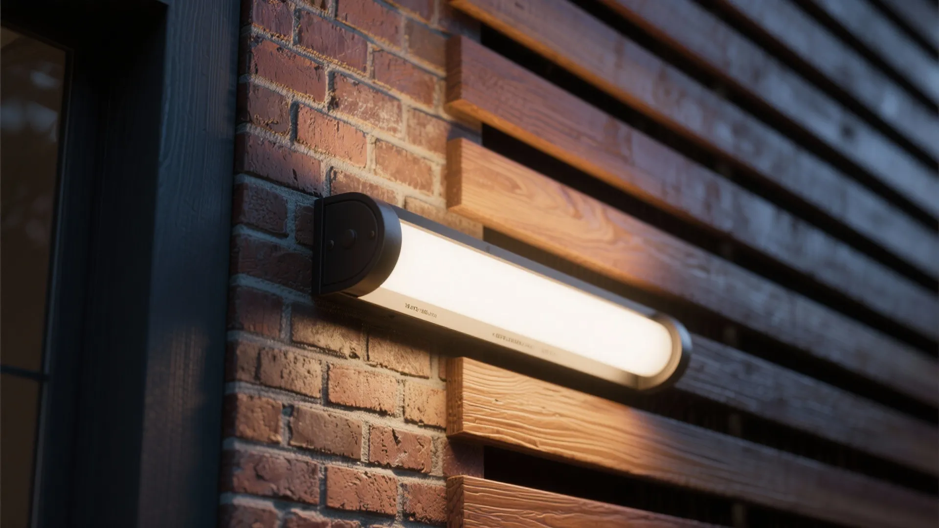 Horizontal wall light fixed to outdoor wall made of red bricks and brown wood panels