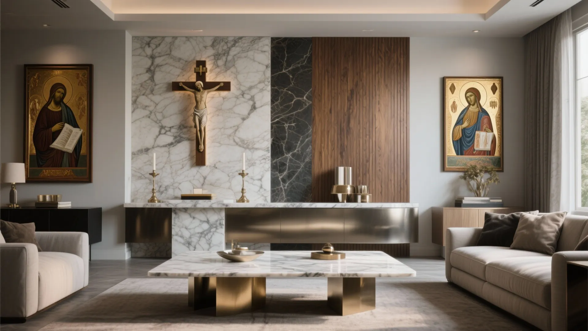 Modern living room featuring a marble wall altar with a cross religious paintings and golden furniture