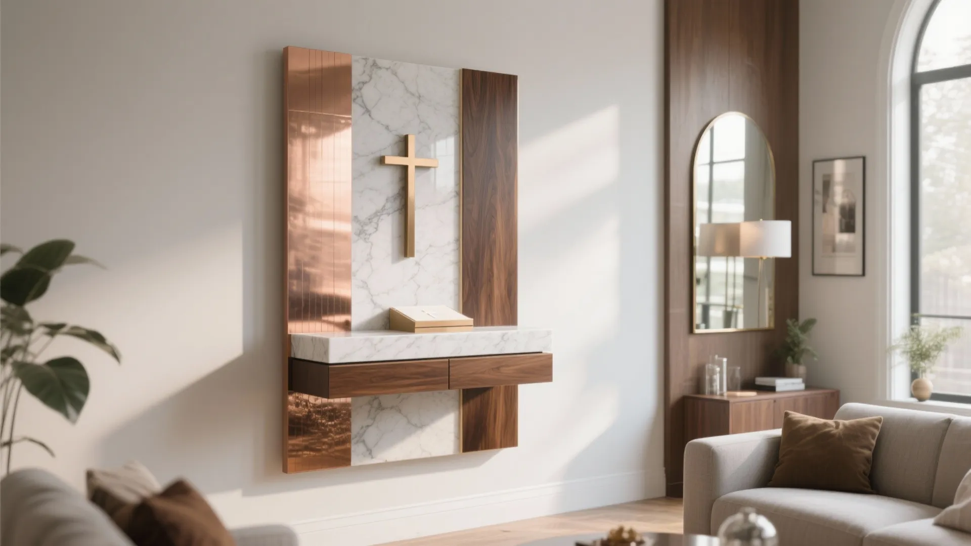 Modern wall prayer area with marble and wood panels featuring a simple gold colored cross