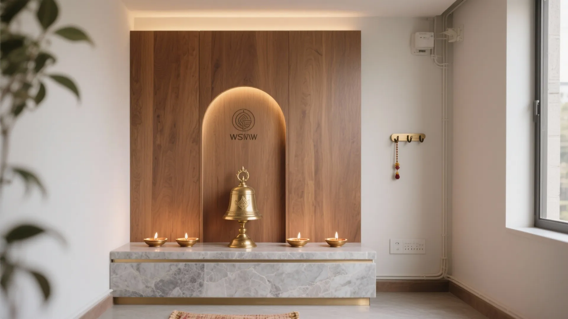 Mixed-material altar: plywood + stone ledge + brass accents