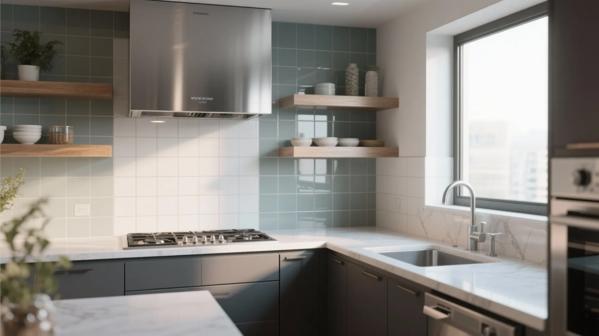 Kitchen with blue and white wall tiles wooden shelves gas stove sink and large window