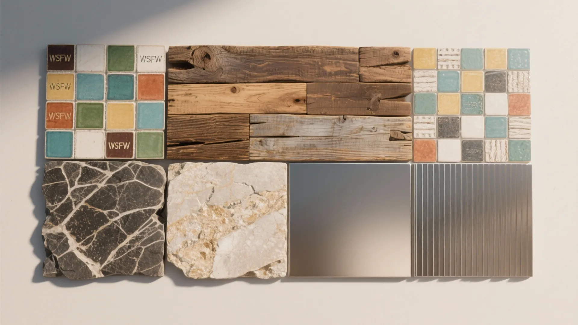 Material sample board featuring colorful square tiles rustic wood planks marble stone and brushed metal finishes