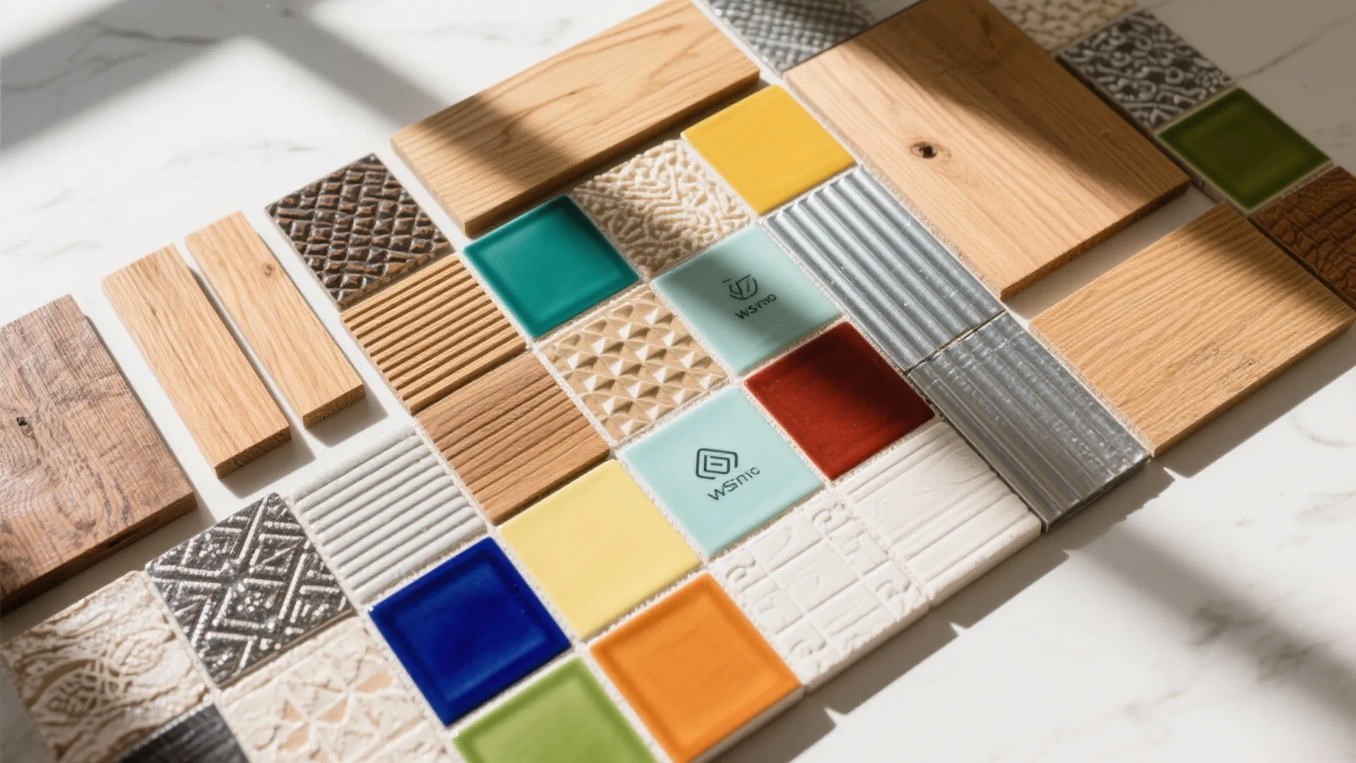 Assorted backsplash materials arranged in a creative collage